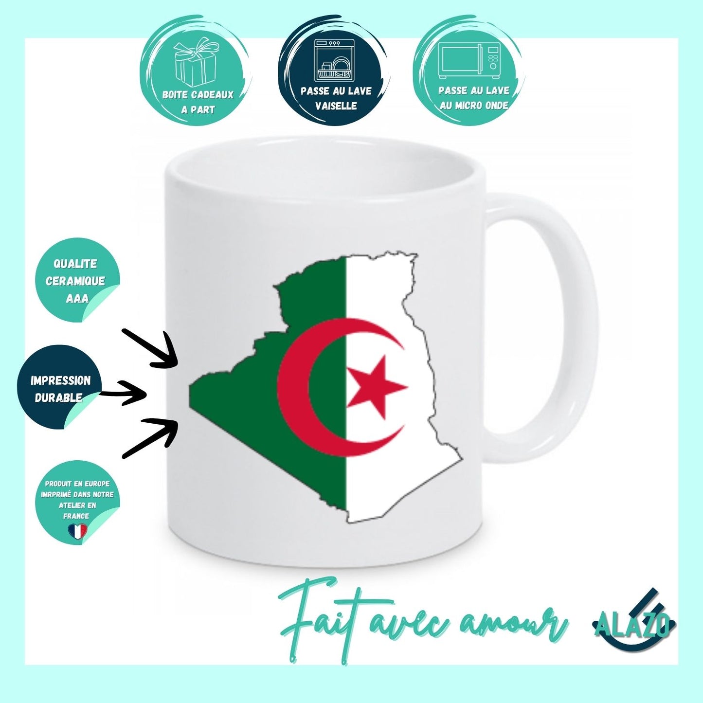 Tasse Café CARTE ALGERIE, Mug en Céramique, Cadeau Original, Tasse Design, Carte de l'Algérie, Souvenir Algérie