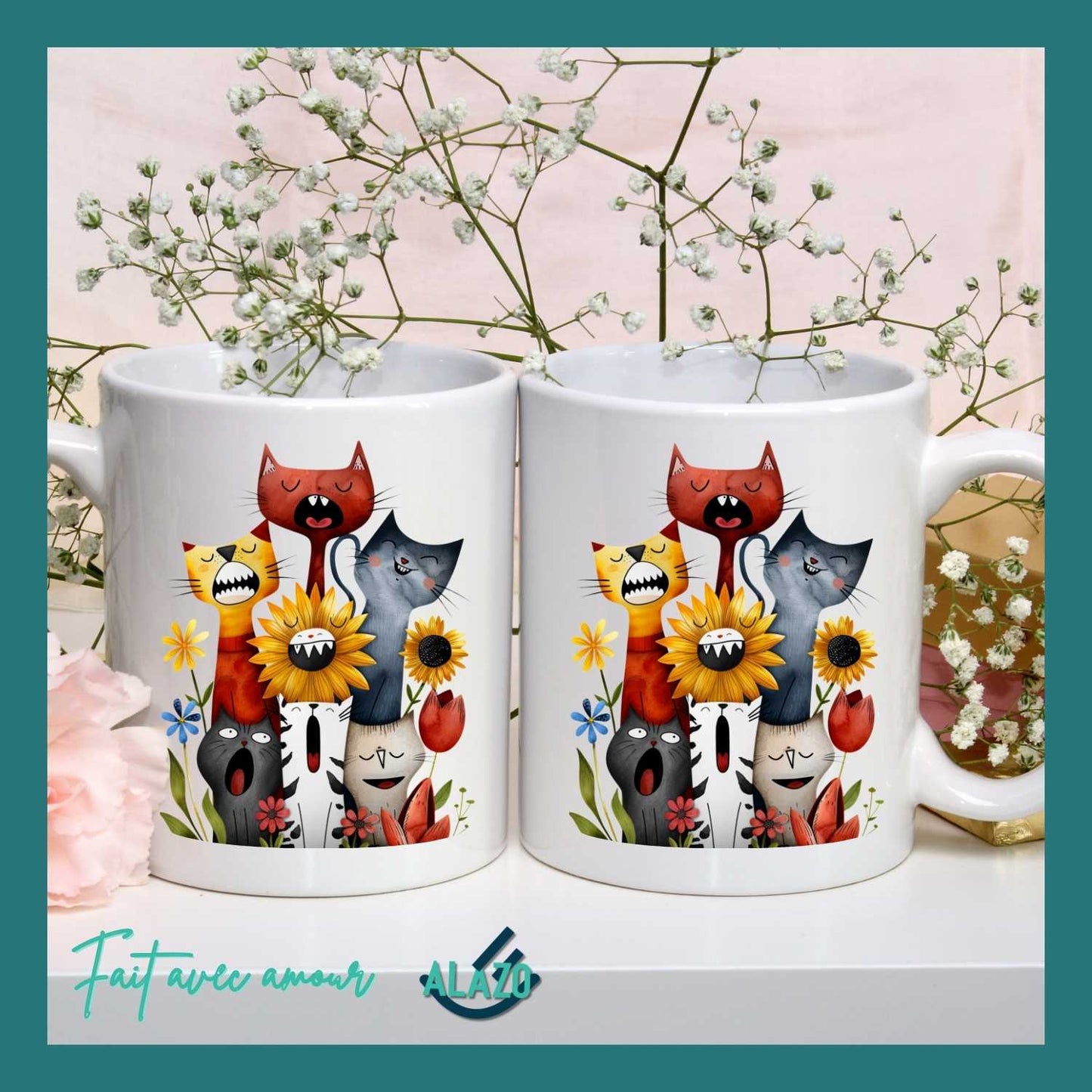 Mug Chats Rigolos et Fleurs – Design Coloré et Original