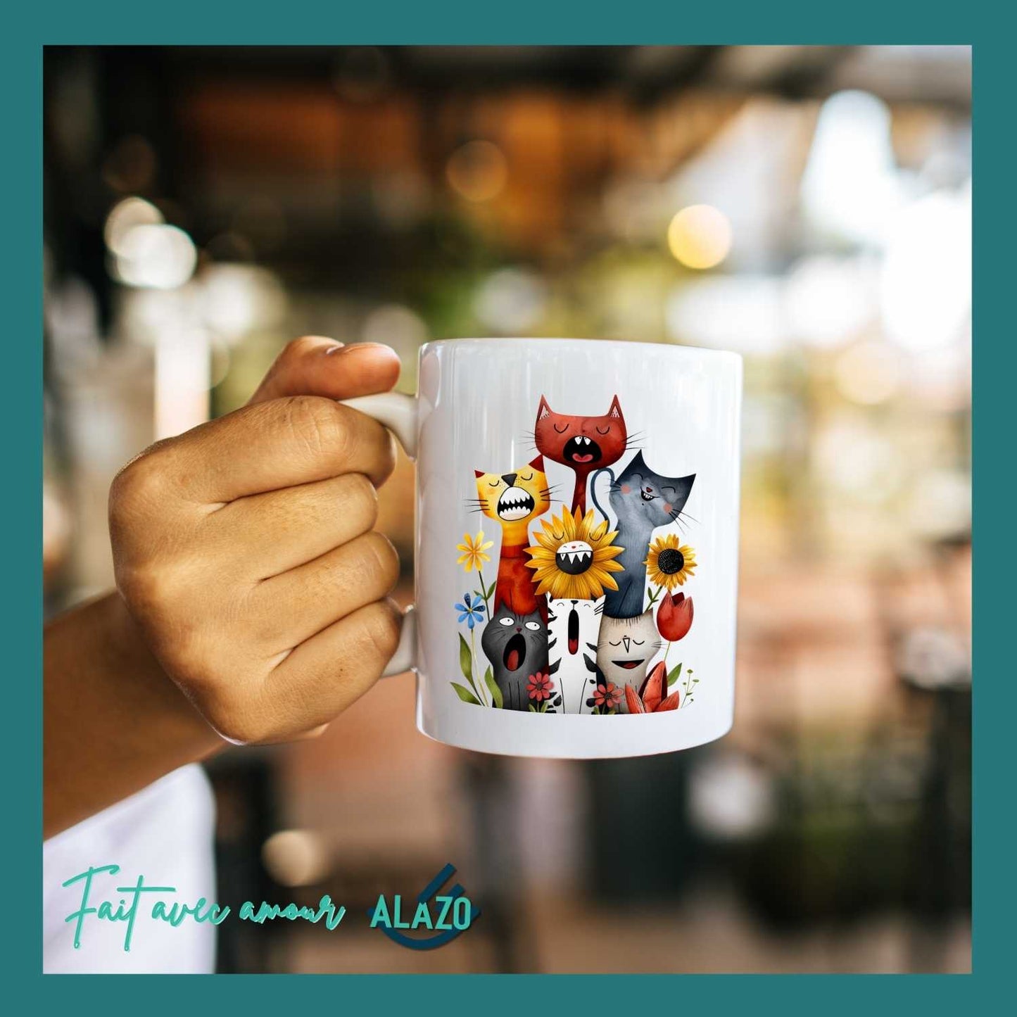Mug Chats Rigolos et Fleurs – Design Coloré et Original