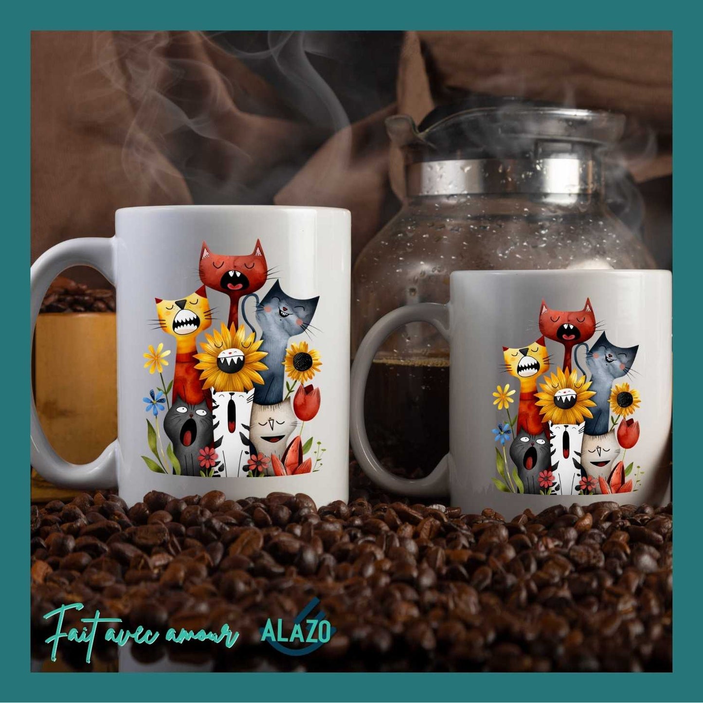 Mug Chats Rigolos et Fleurs – Design Coloré et Original