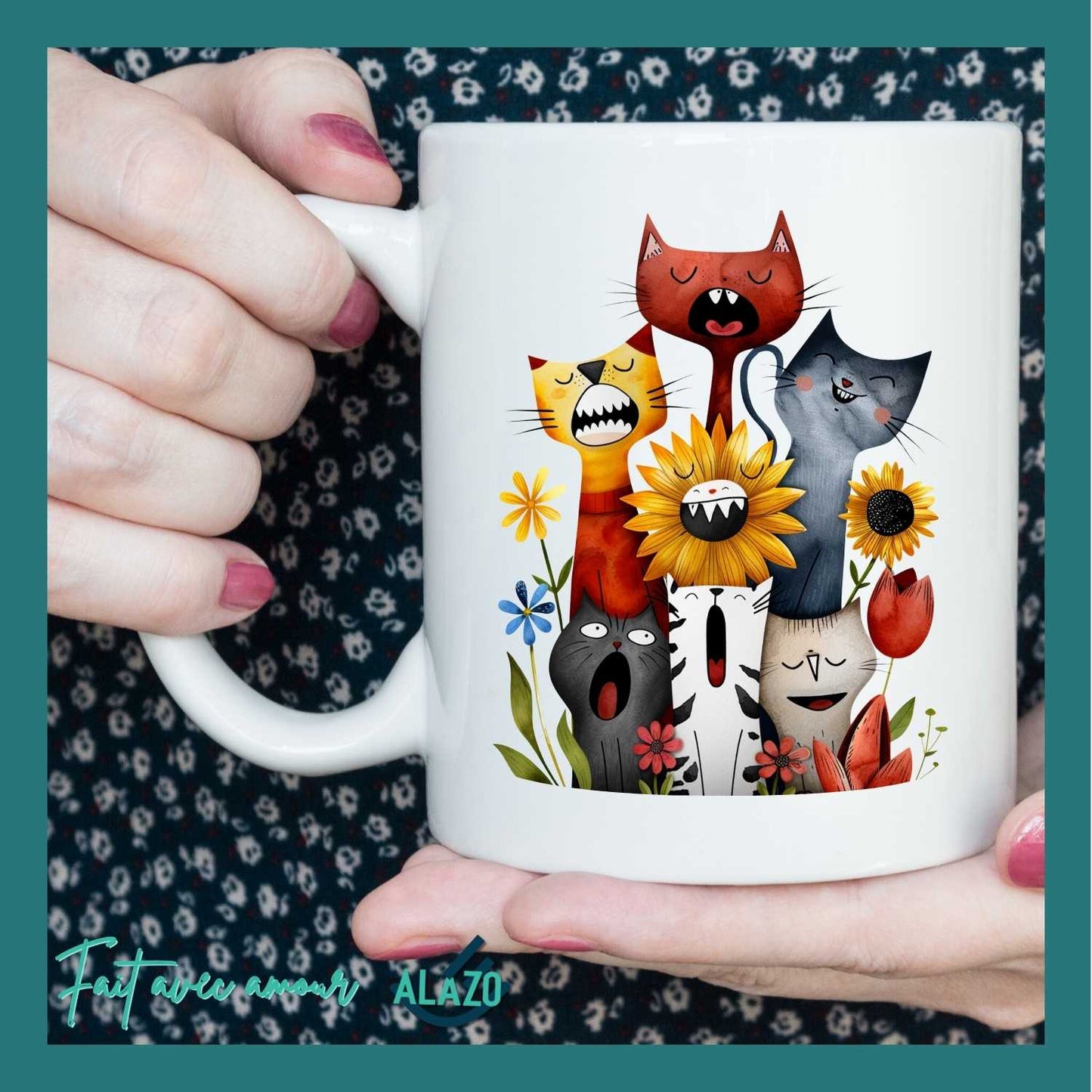 Mug Chats Rigolos et Fleurs – Design Coloré et Original