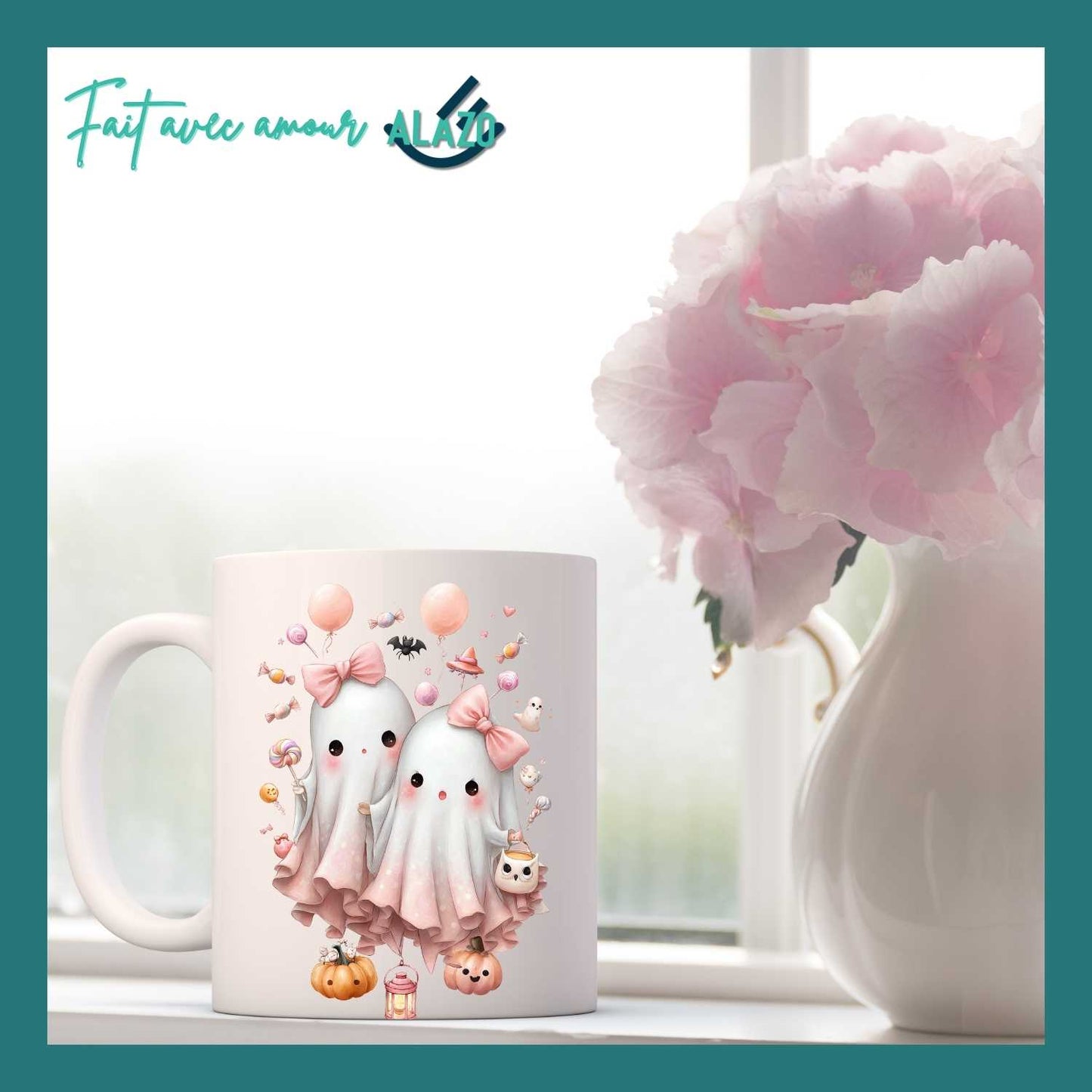 Mug Duo de Fantômes Kawaii avec Nœuds Roses