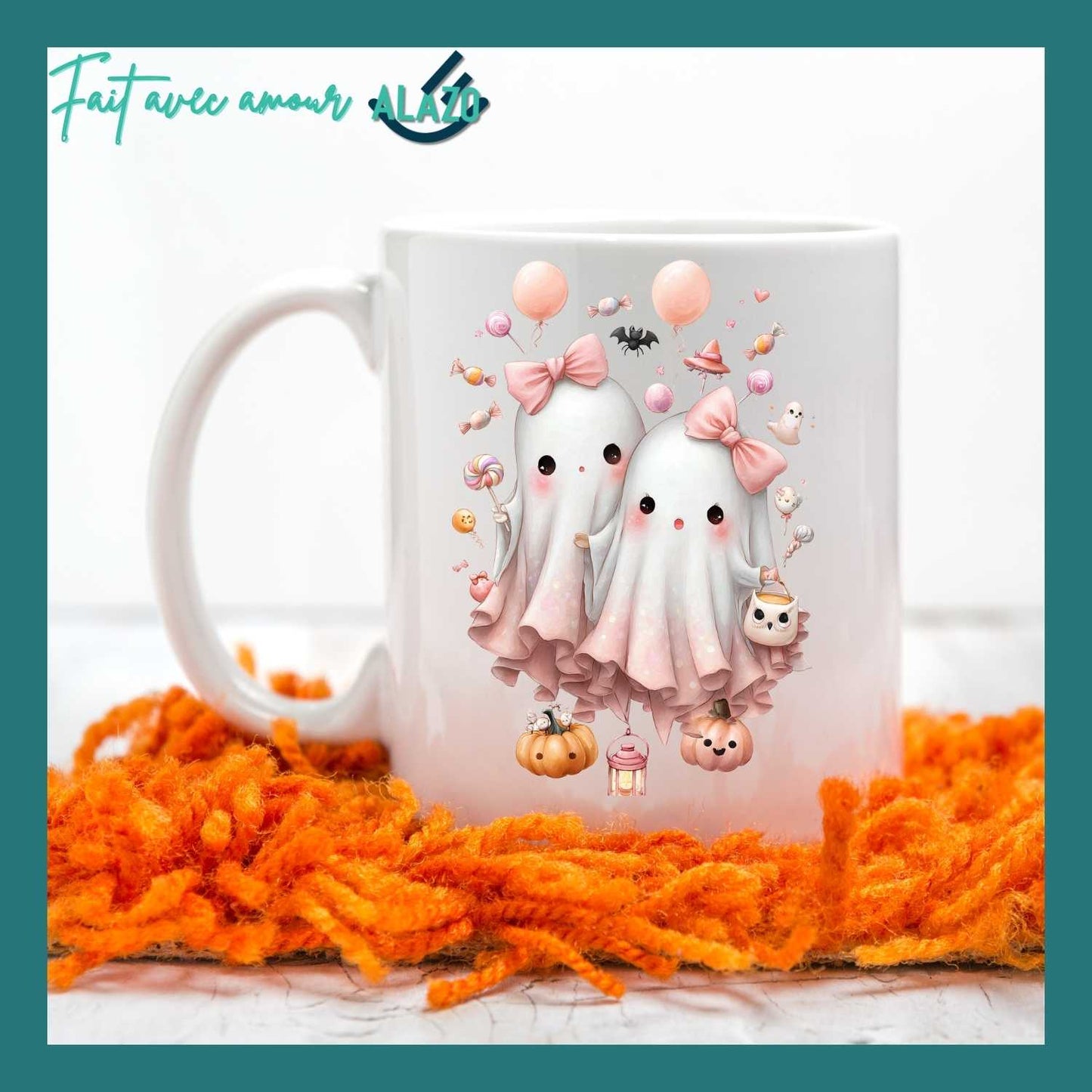 Mug Duo de Fantômes Kawaii avec Nœuds Roses