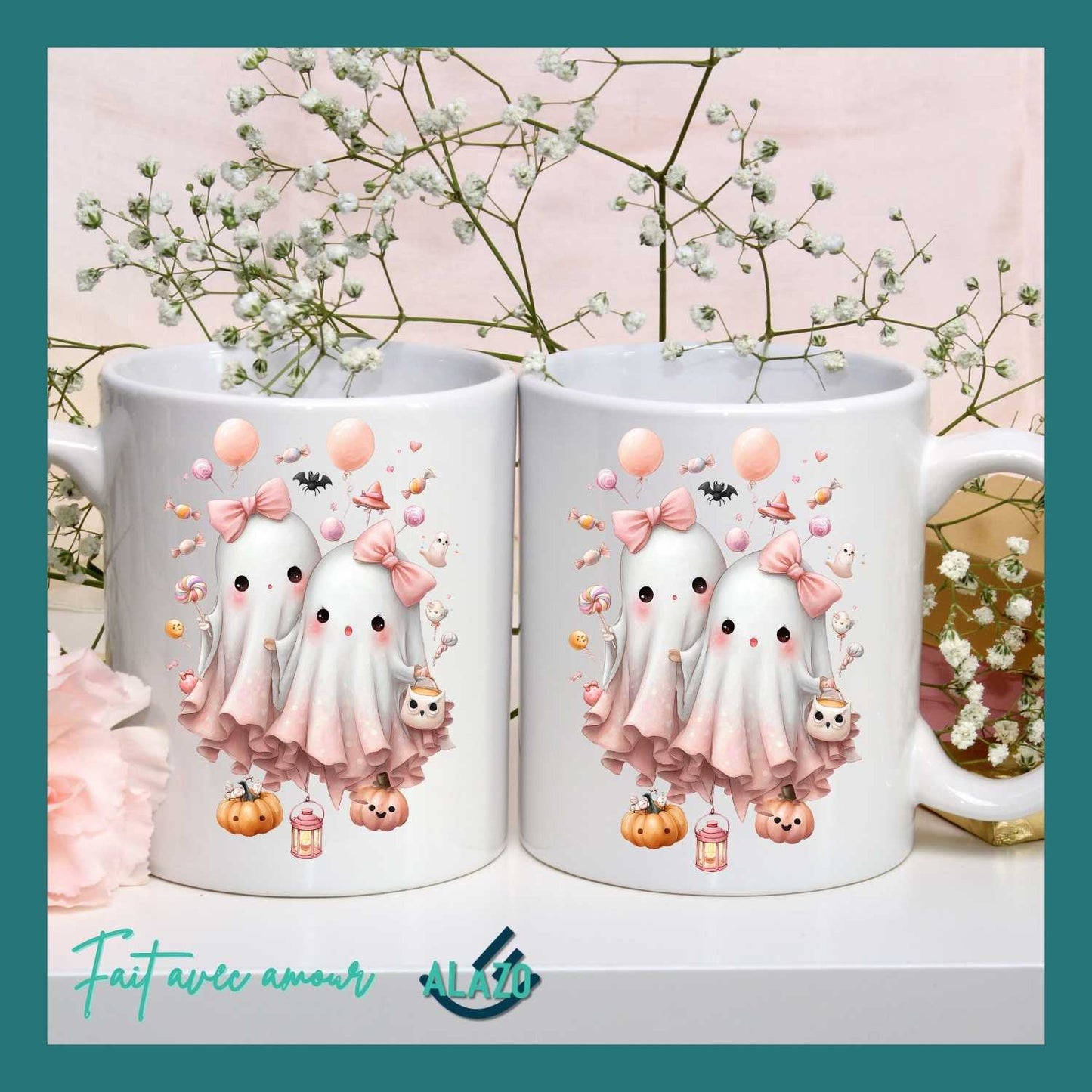 Mug Duo de Fantômes Kawaii avec Nœuds Roses