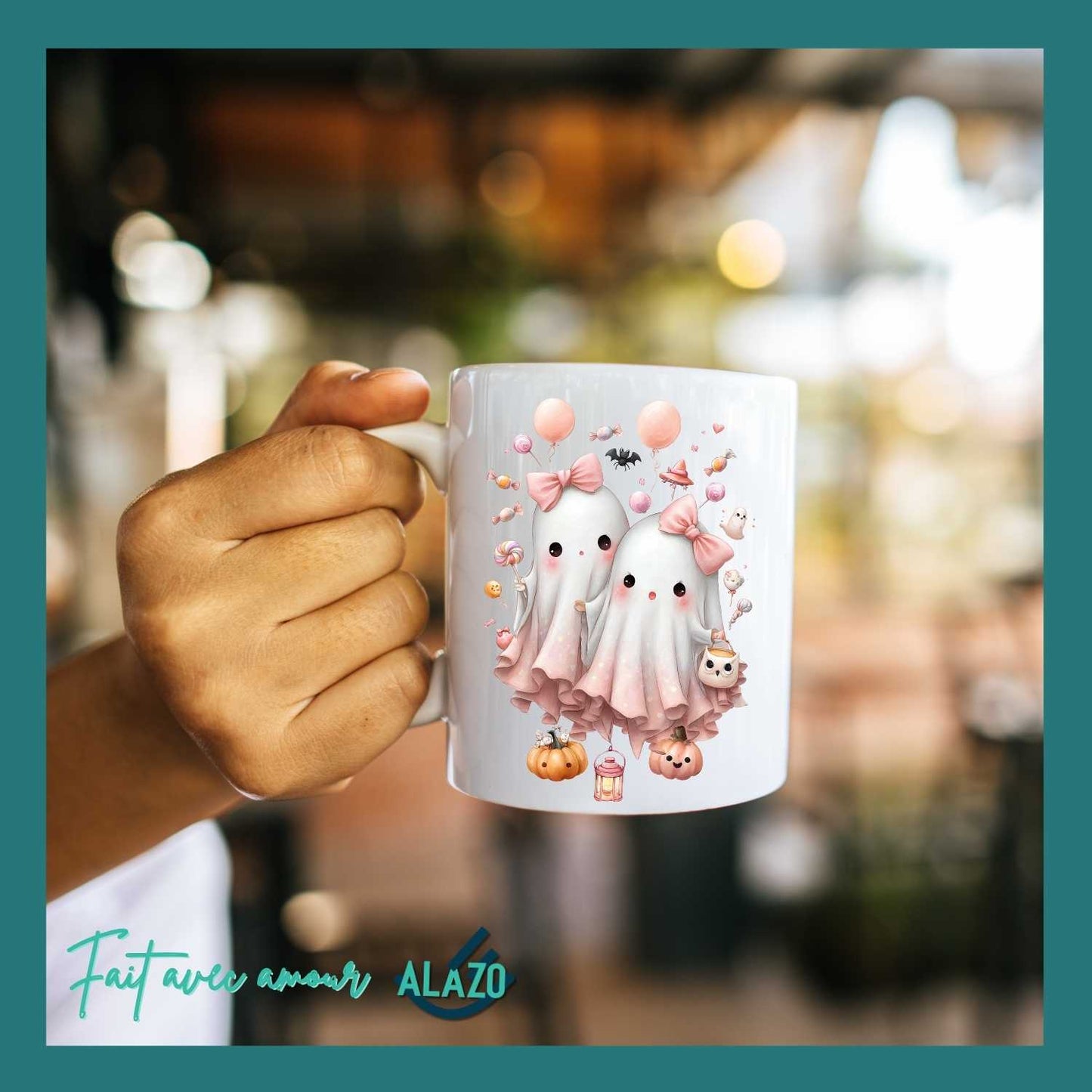 Mug Duo de Fantômes Kawaii avec Nœuds Roses