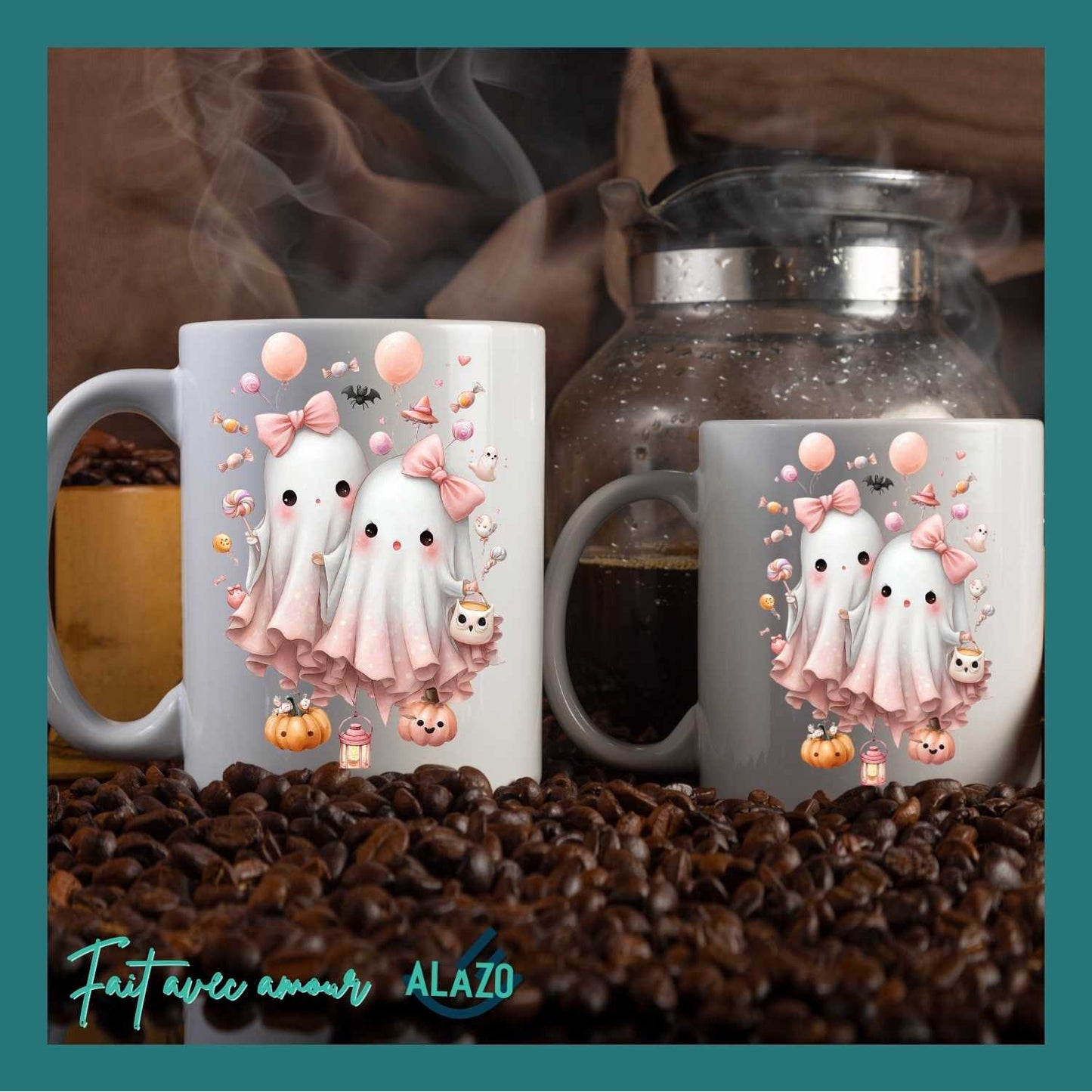 Mug Duo de Fantômes Kawaii avec Nœuds Roses