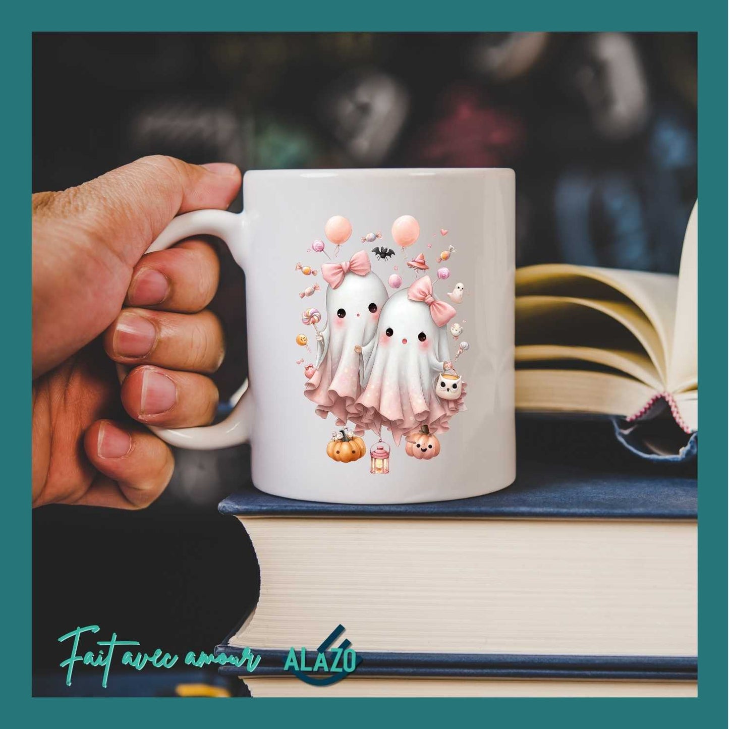 Mug Duo de Fantômes Kawaii avec Nœuds Roses