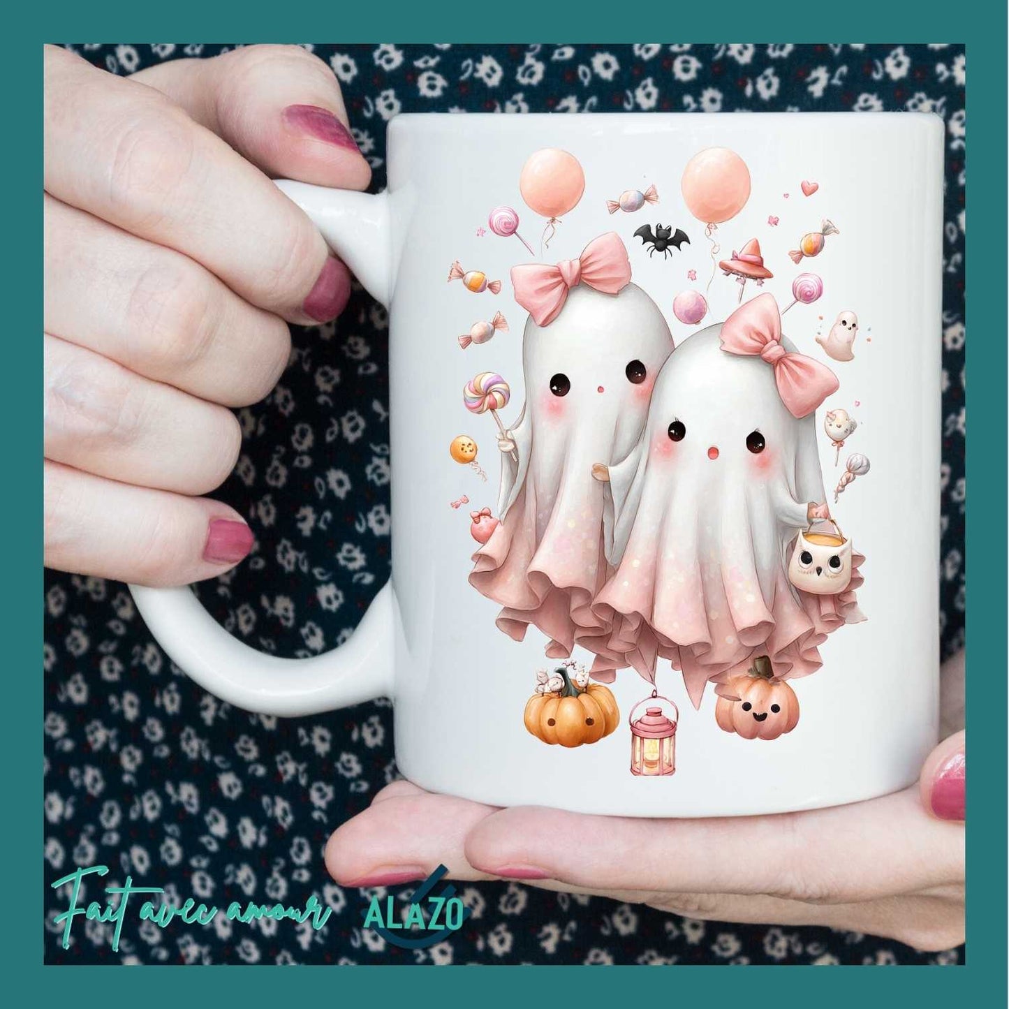 Mug Duo de Fantômes Kawaii avec Nœuds Roses