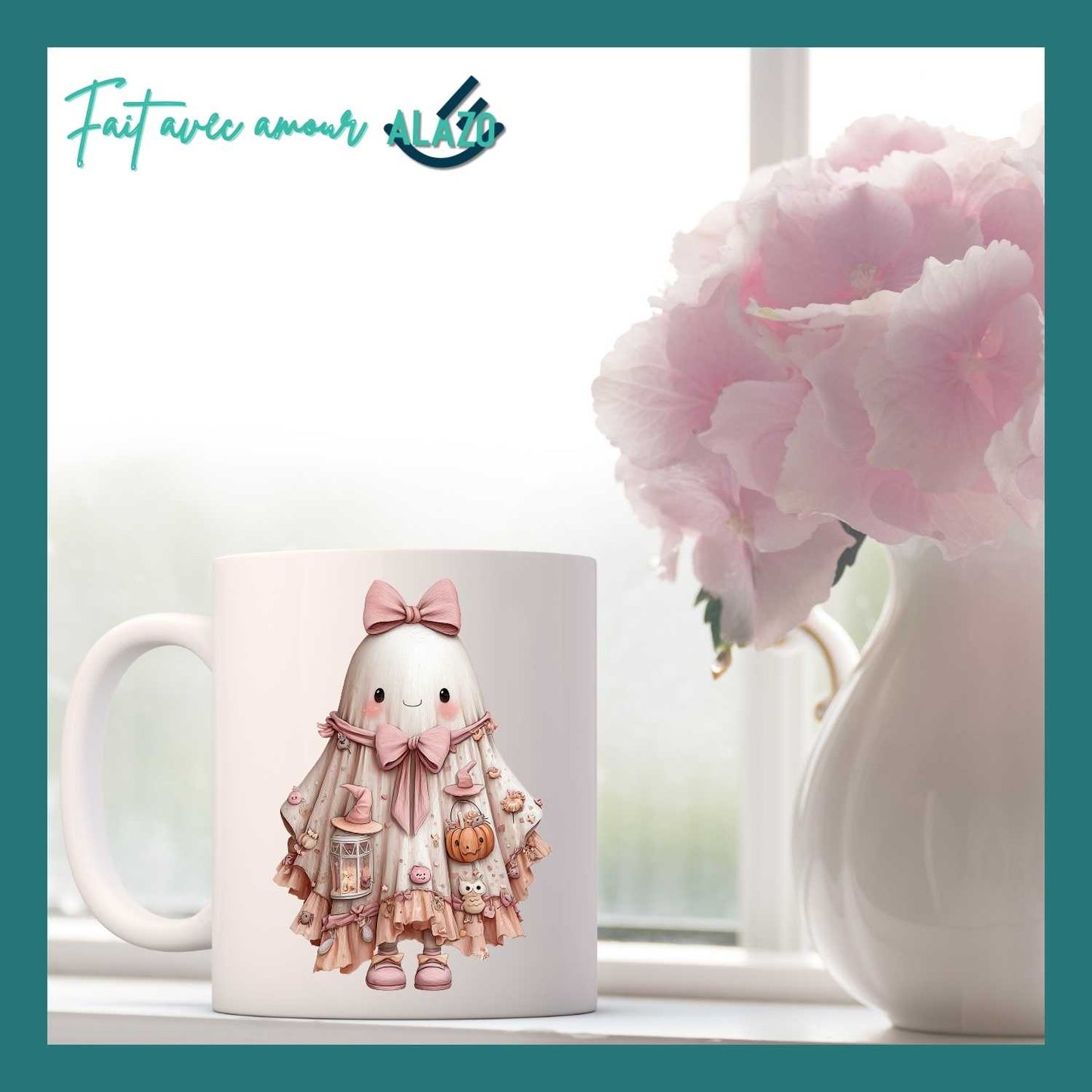 Mug Fantôme Kawaii avec Nœud Rose et Citrouille