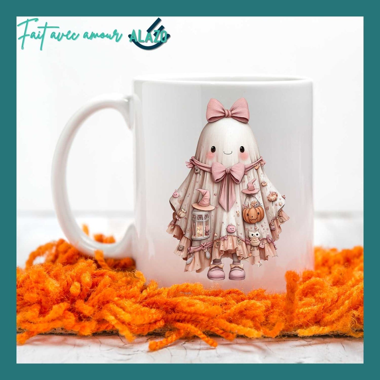 Mug Fantôme Kawaii avec Nœud Rose et Citrouille