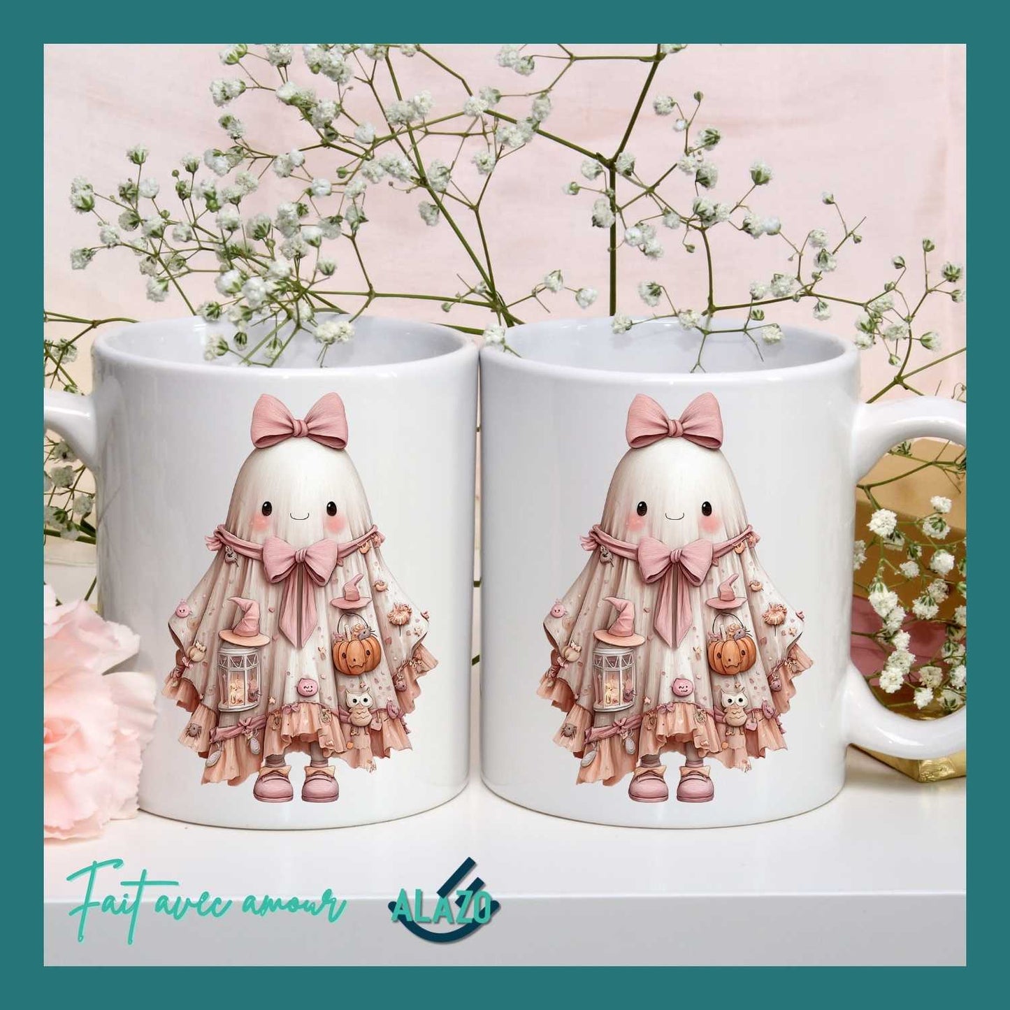 Mug Fantôme Kawaii avec Nœud Rose et Citrouille