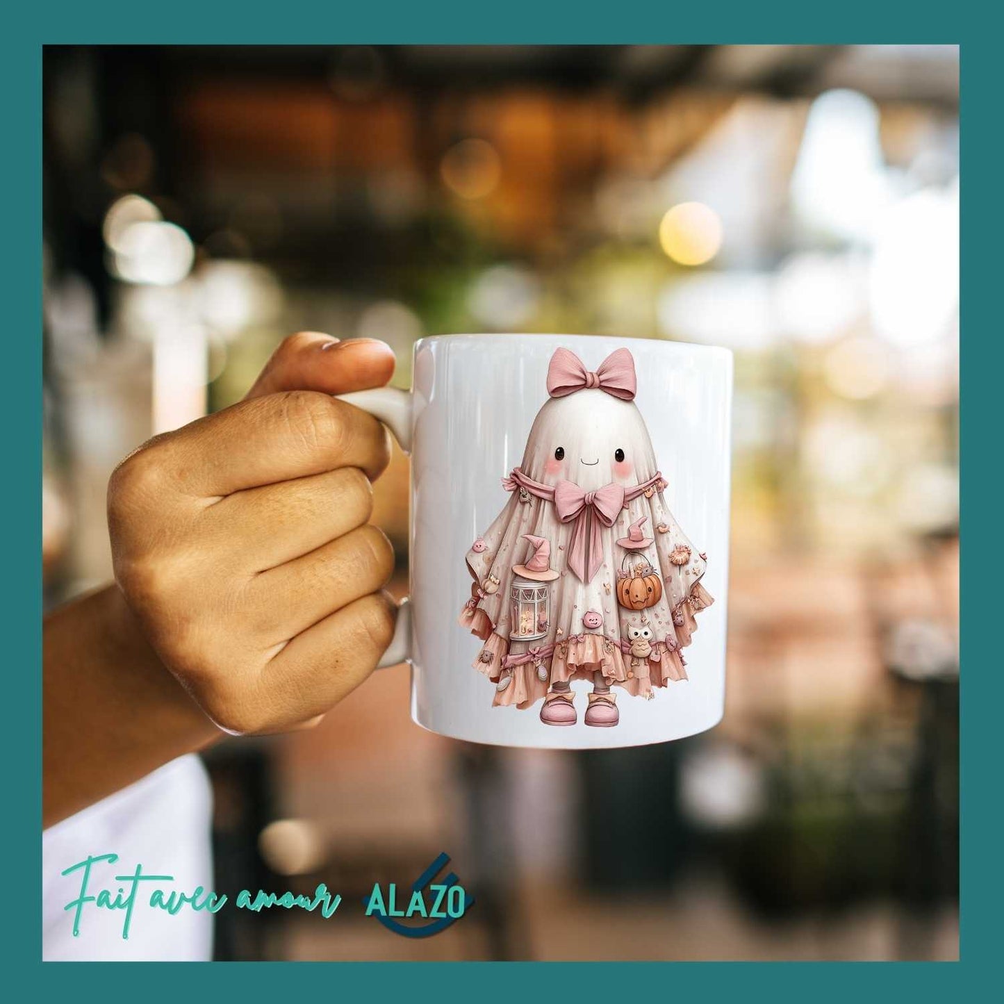 Mug Fantôme Kawaii avec Nœud Rose et Citrouille