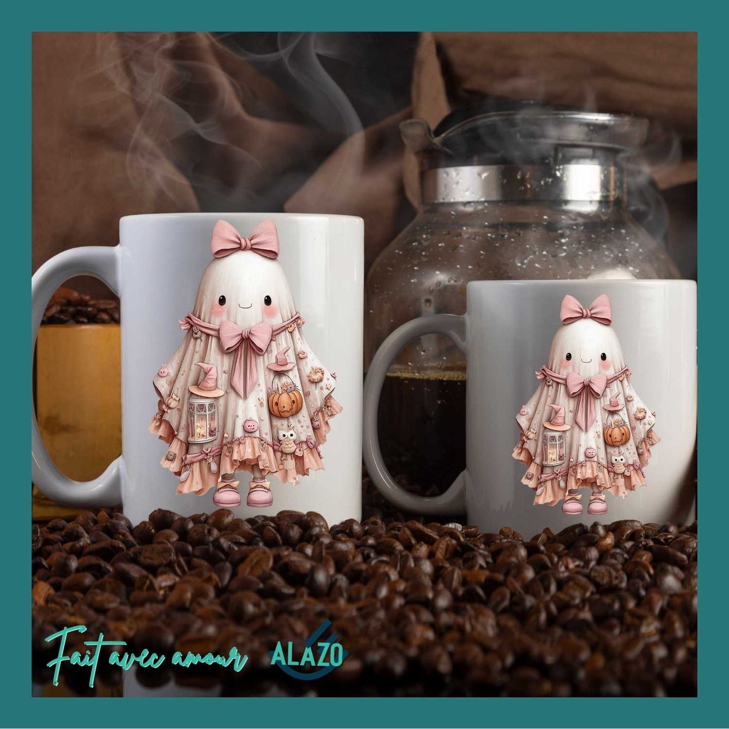 Mug Fantôme Kawaii avec Nœud Rose et Citrouille