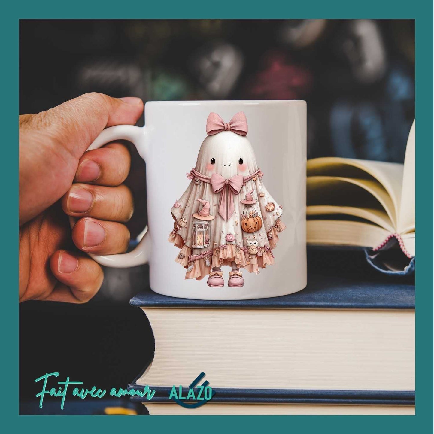 Mug Fantôme Kawaii avec Nœud Rose et Citrouille