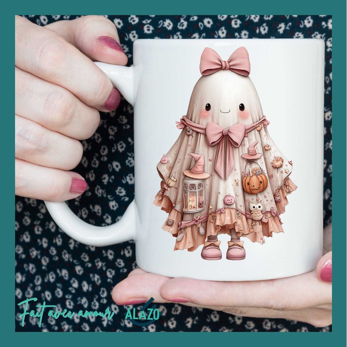 Mug Fantôme Kawaii avec Nœud Rose et Citrouille