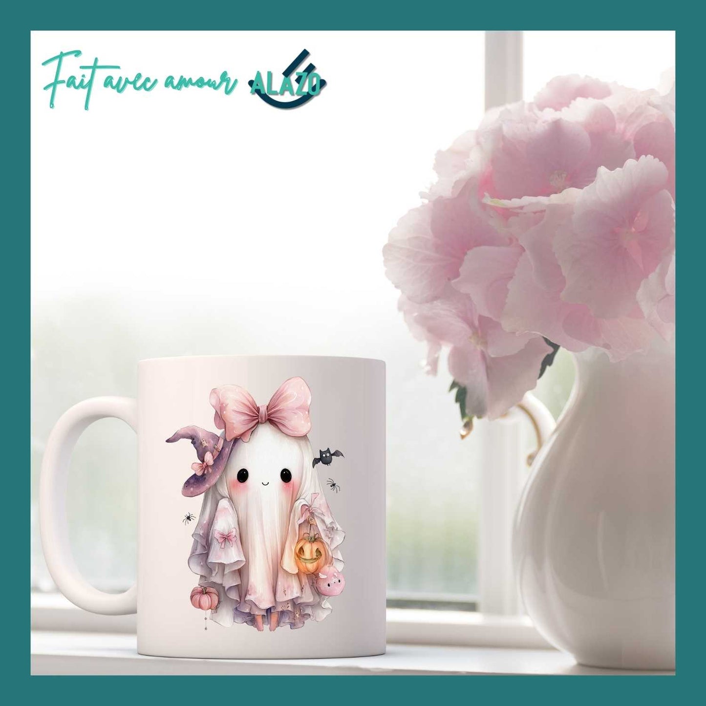 MUG Fantôme Kawaii Rose – Édition Halloween