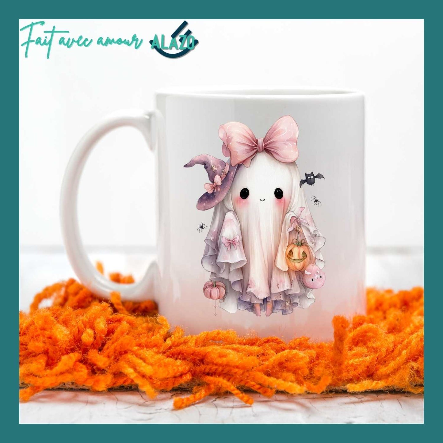 MUG Fantôme Kawaii Rose – Édition Halloween