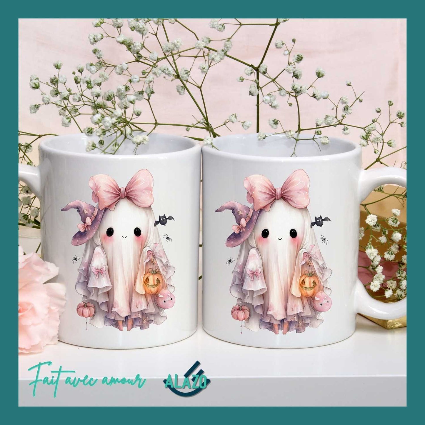 MUG Fantôme Kawaii Rose – Édition Halloween