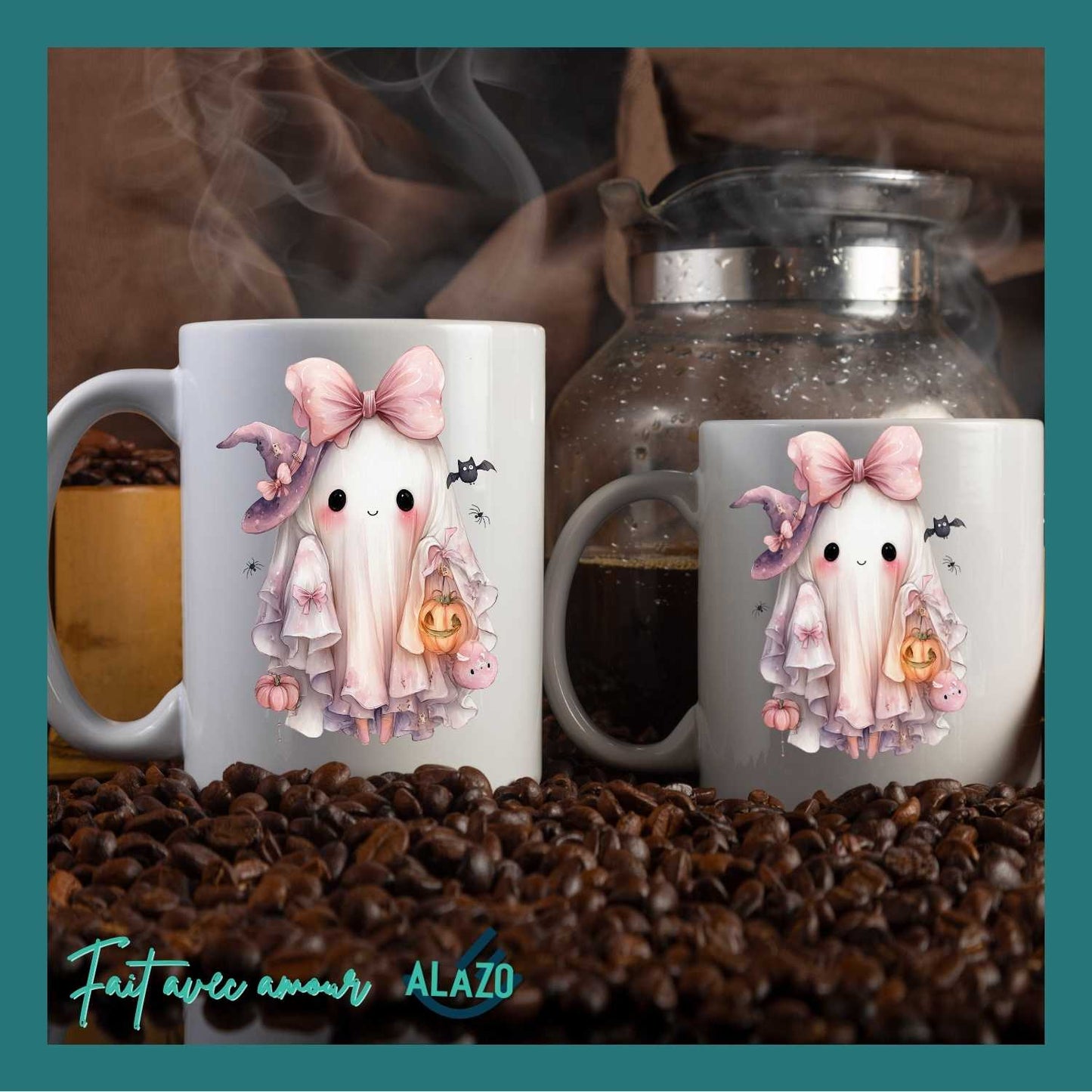 MUG Fantôme Kawaii Rose – Édition Halloween