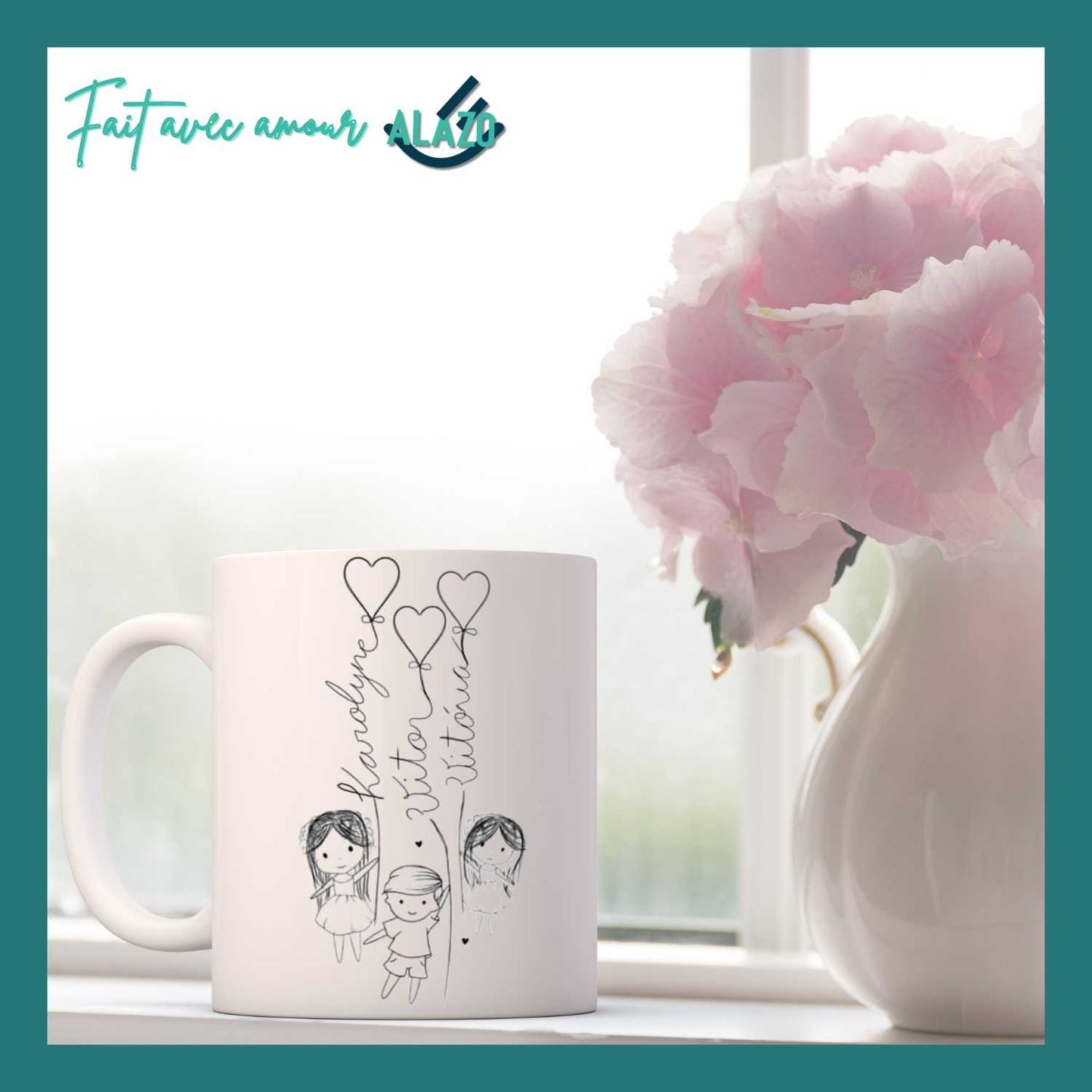 Mug Famille Ballons Cœurs avec Prénoms