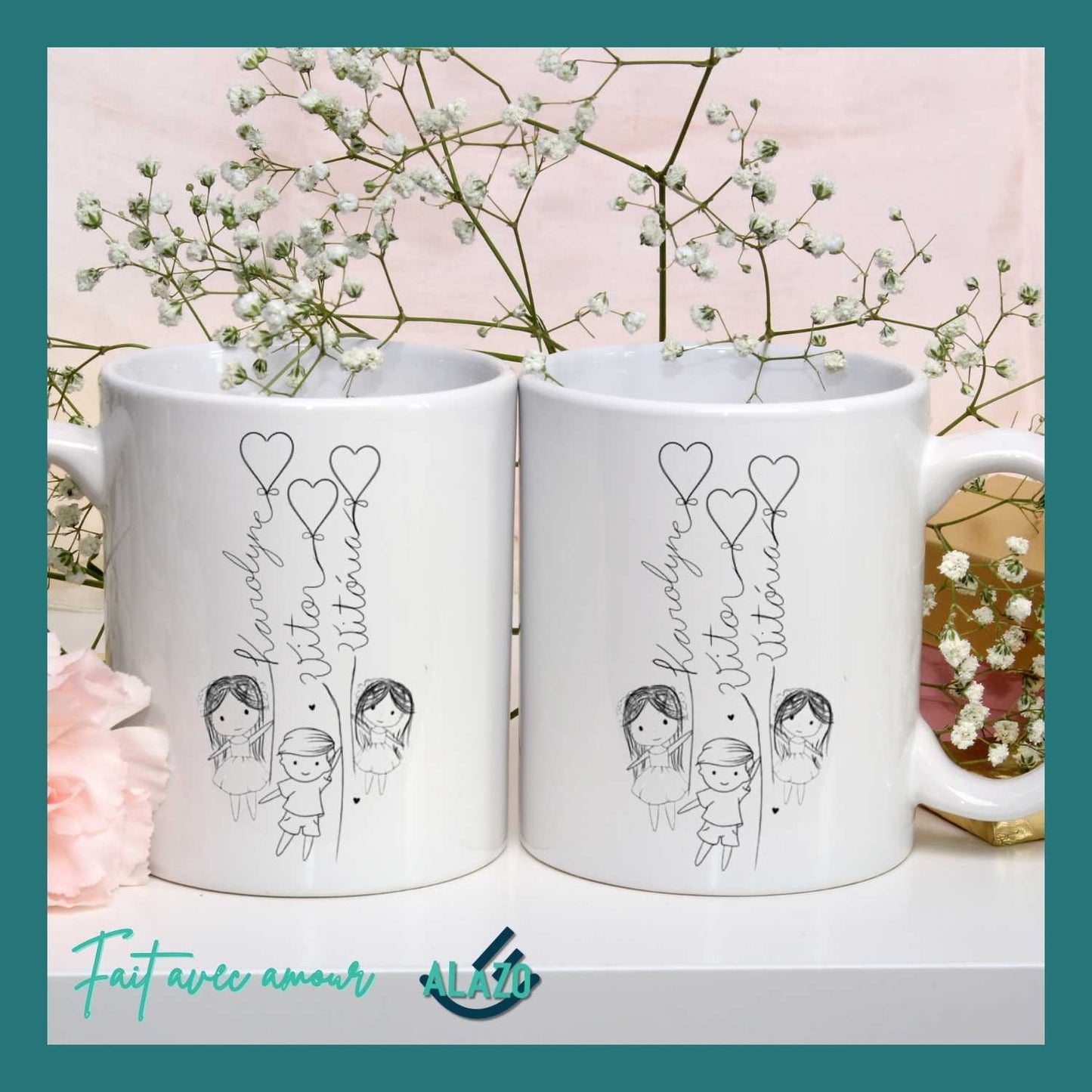 Mug Famille Ballons Cœurs avec Prénoms