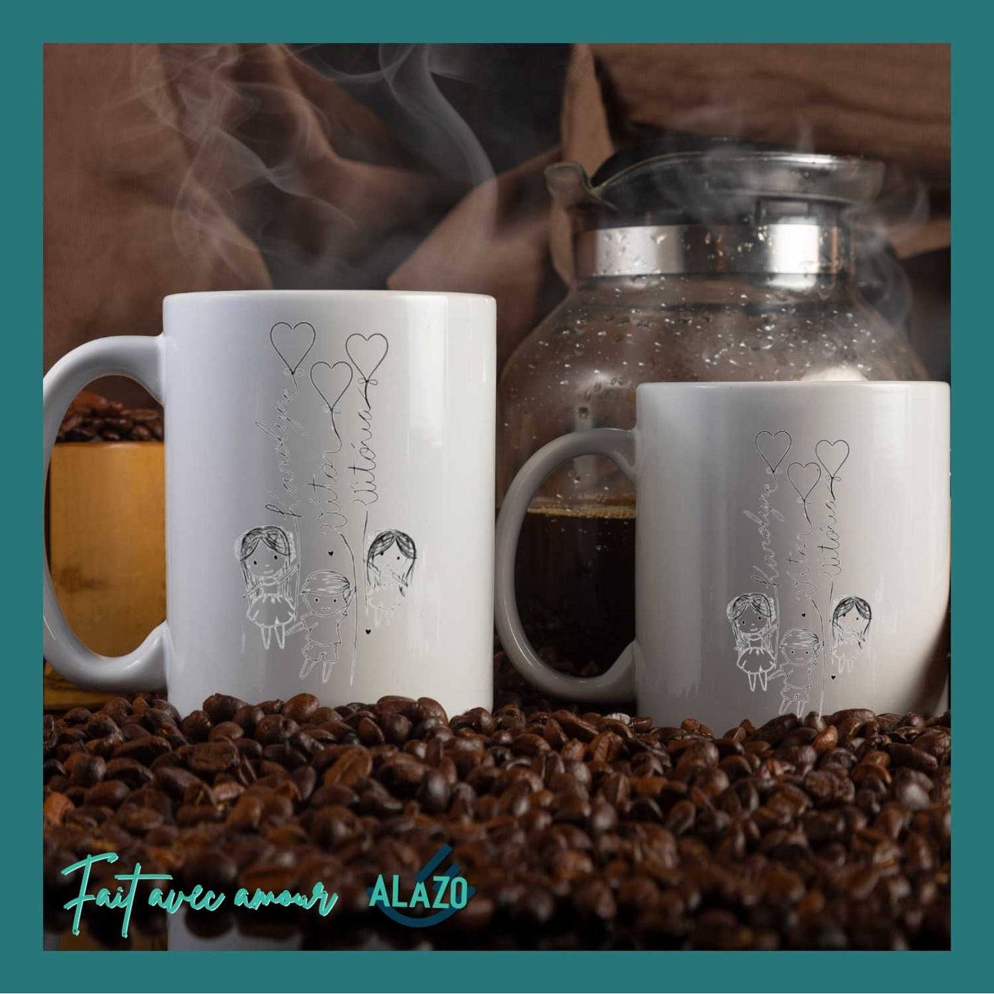 Mug Famille Ballons Cœurs avec Prénoms