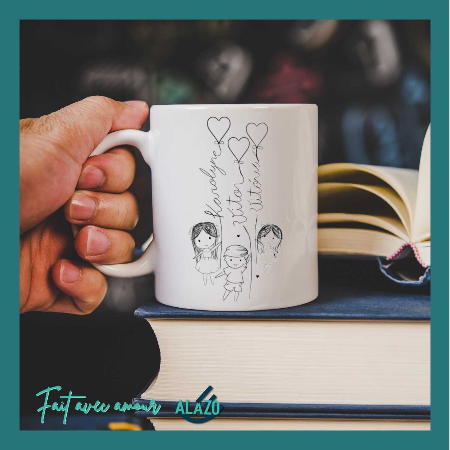 Mug Famille Ballons Cœurs avec Prénoms