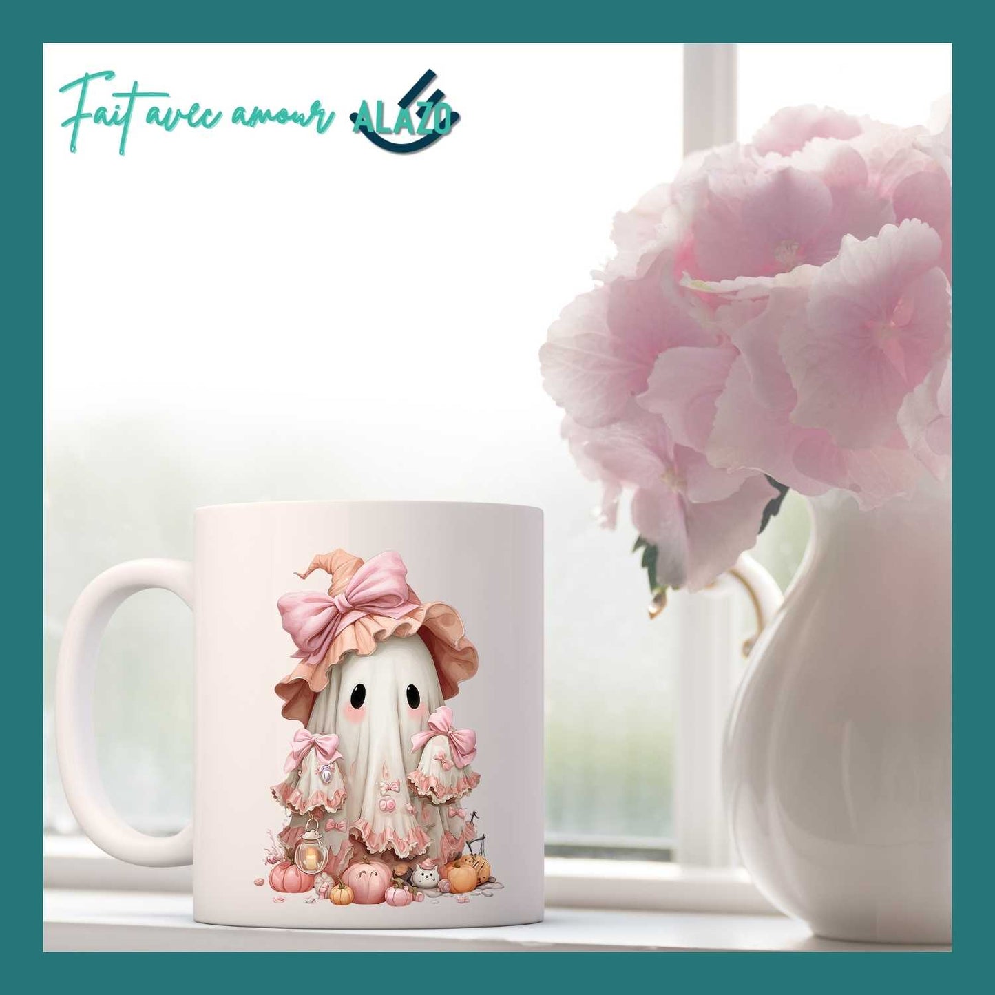 Mug Fantôme avec Chapeau Rose – Collection Halloween