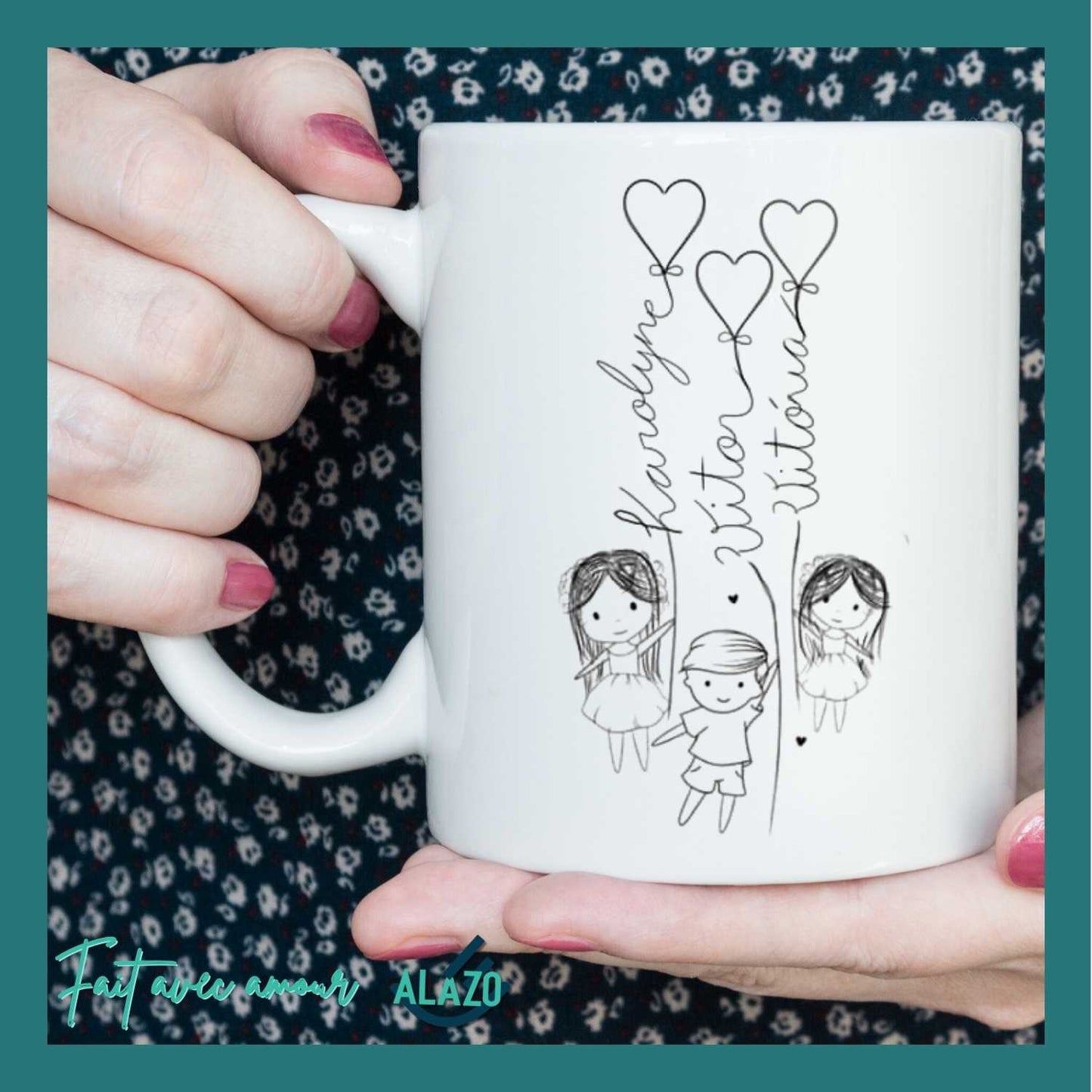 Mug Famille Ballons Cœurs avec Prénoms