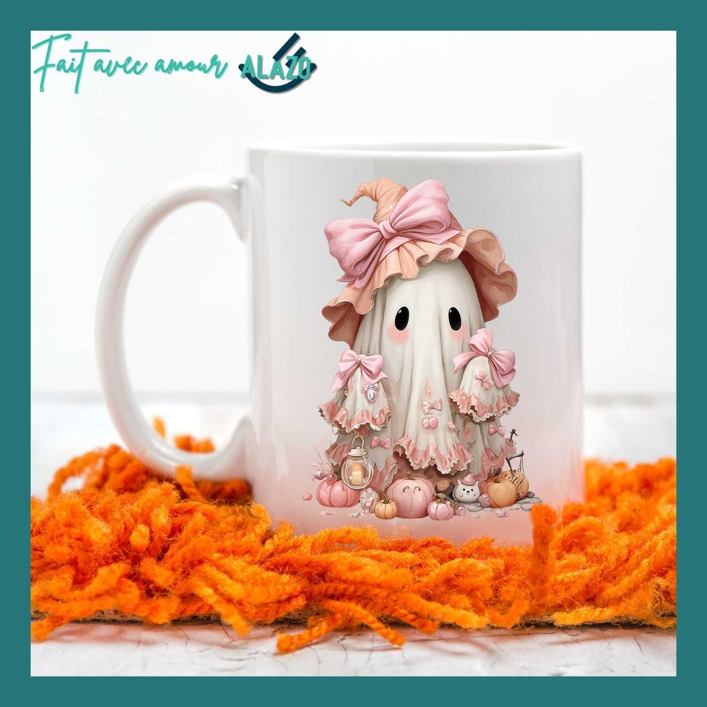 Mug Fantôme avec Chapeau Rose – Collection Halloween