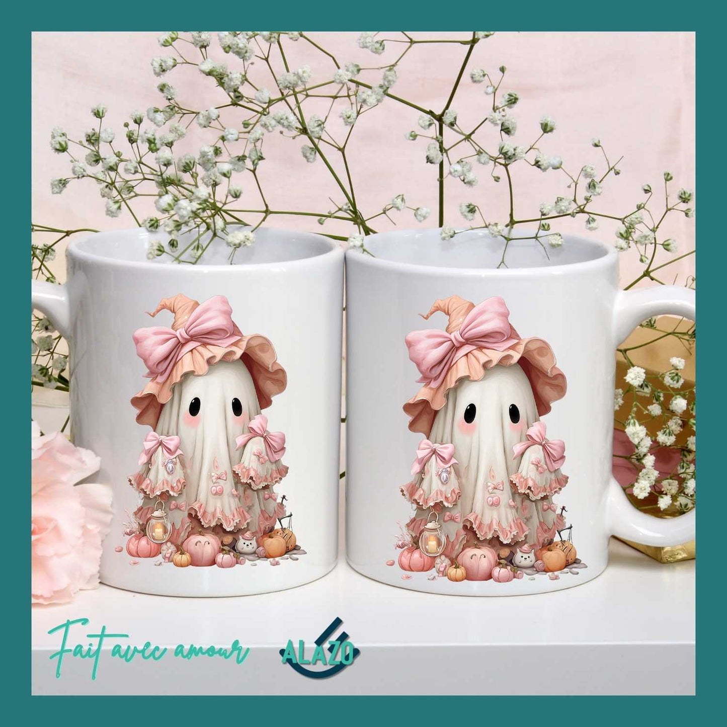 Mug Fantôme avec Chapeau Rose – Collection Halloween