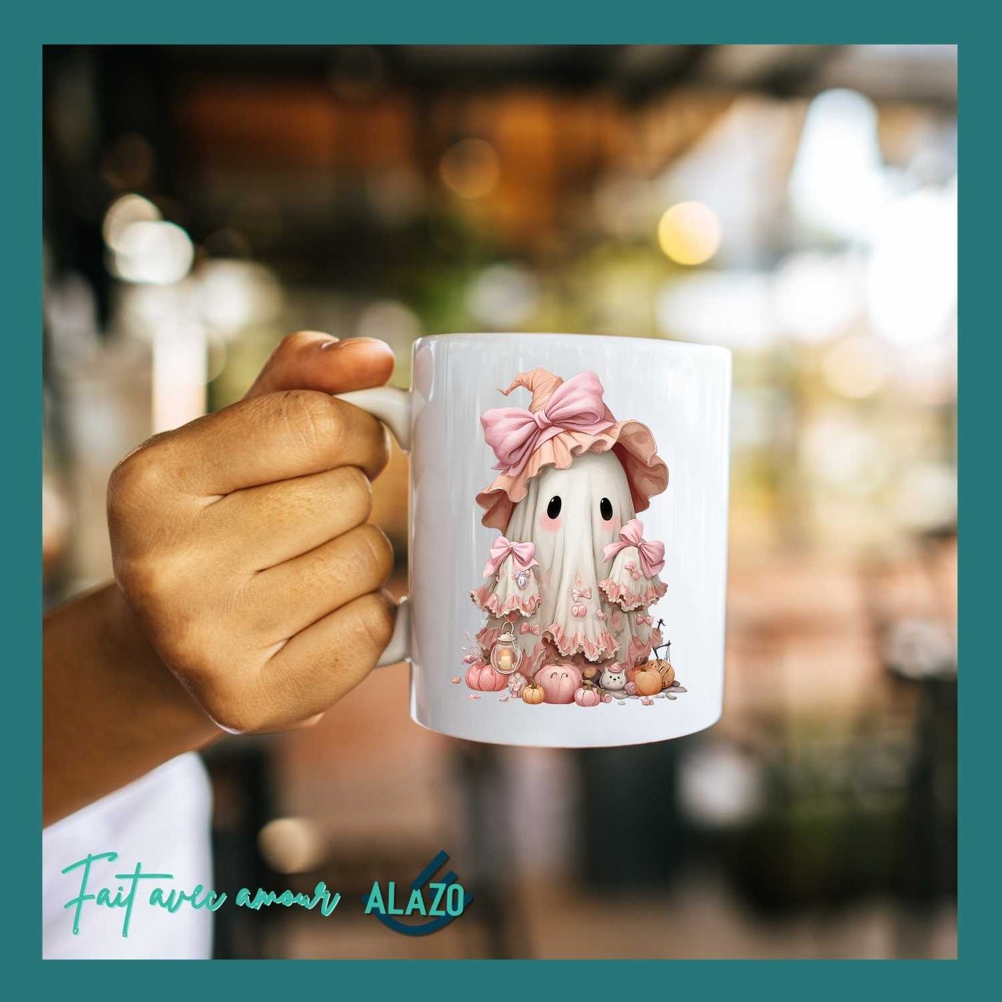 Mug Fantôme avec Chapeau Rose – Collection Halloween