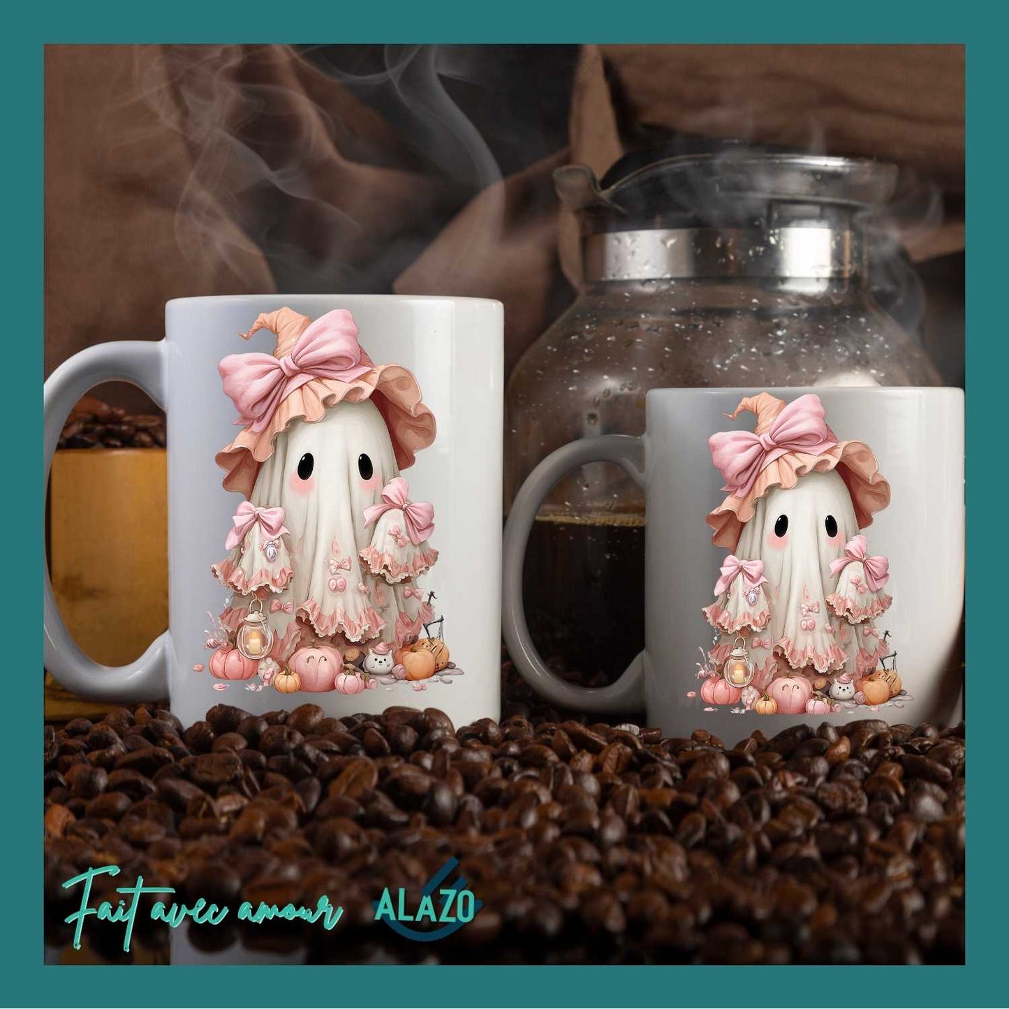 Mug Fantôme avec Chapeau Rose – Collection Halloween