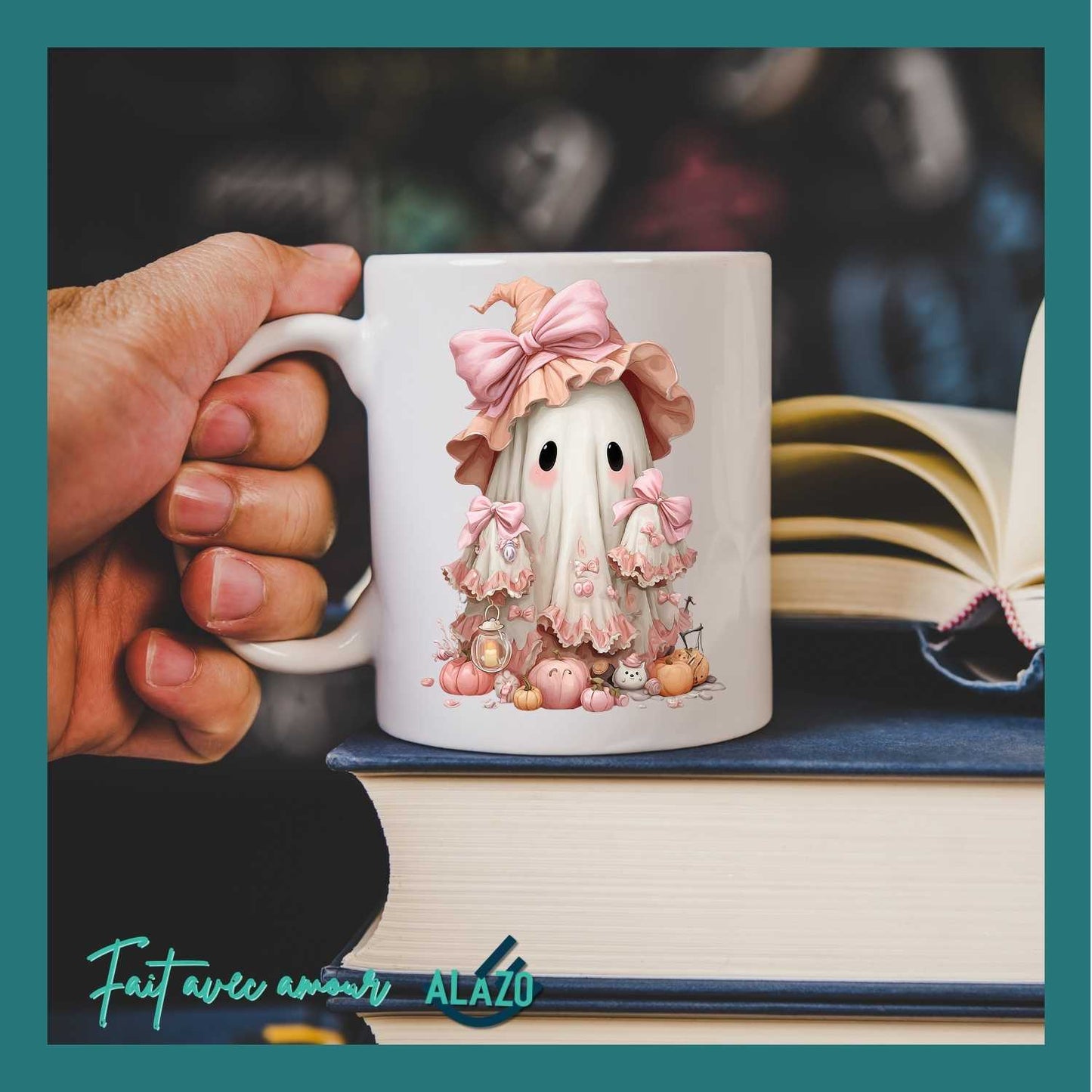 Mug Fantôme avec Chapeau Rose – Collection Halloween