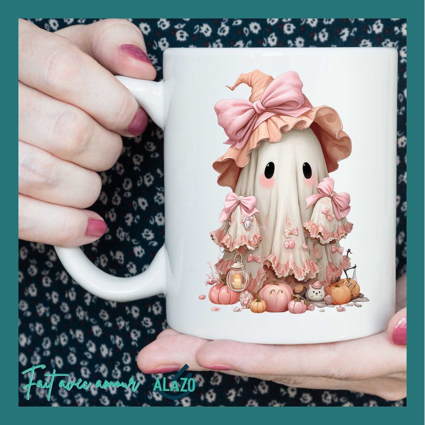 Mug Fantôme avec Chapeau Rose – Collection Halloween