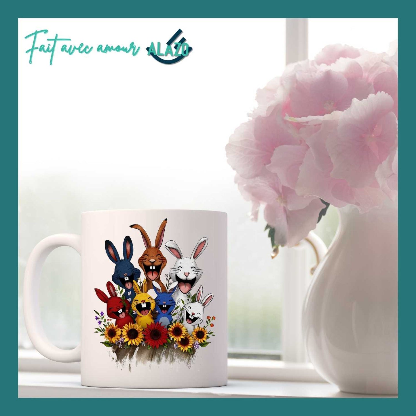Mug Lapins Rigolos & Fleurs – Design Coloré et Joyeux