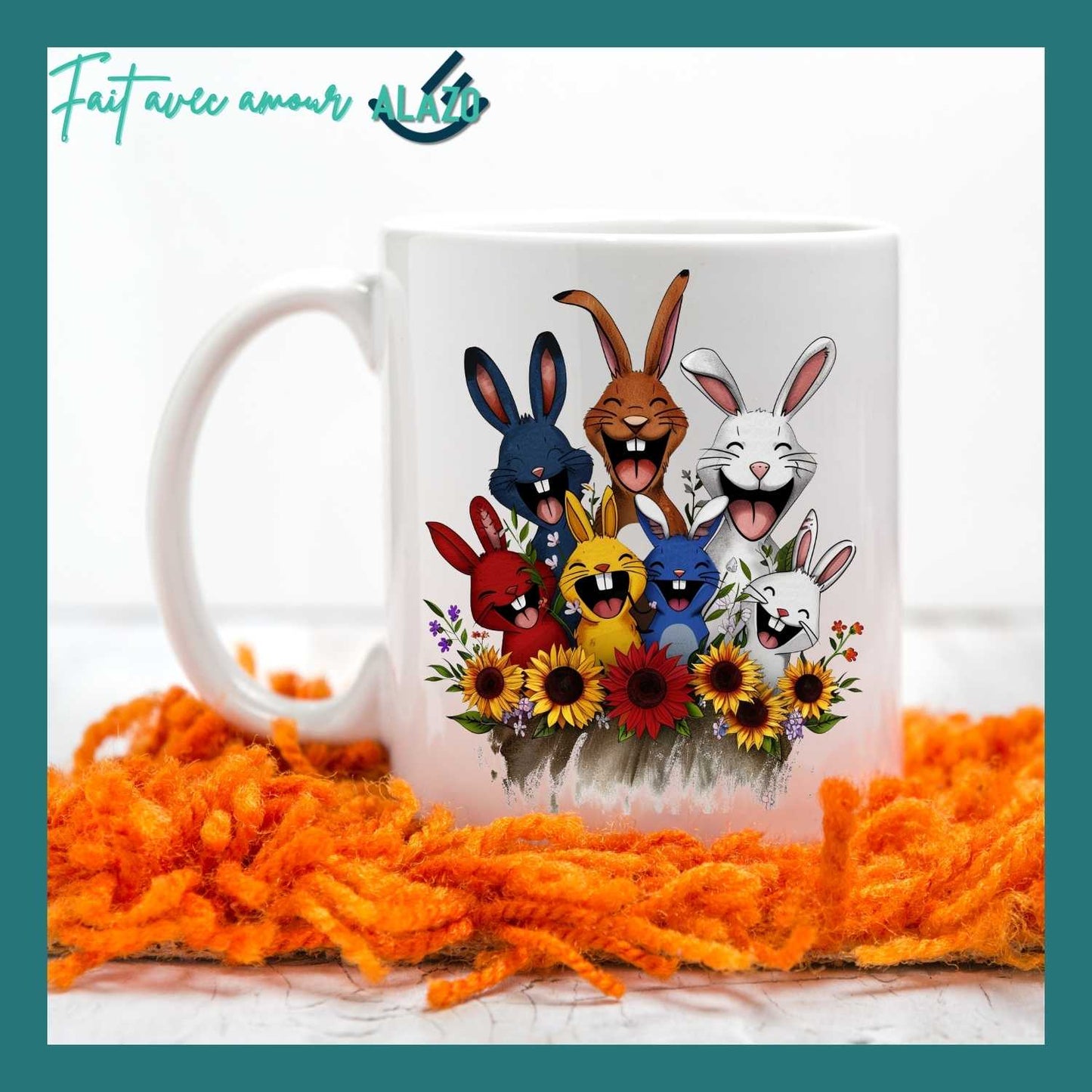 Mug Lapins Rigolos & Fleurs – Design Coloré et Joyeux