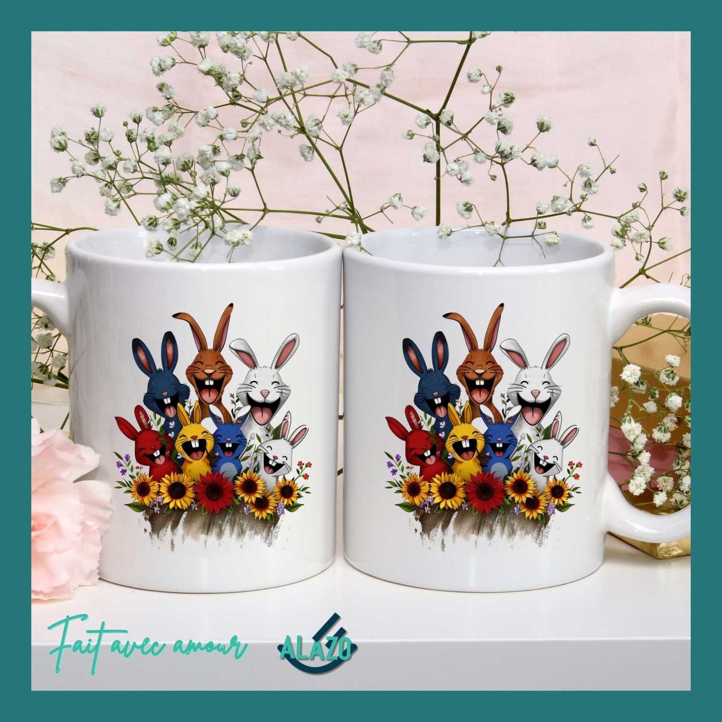 Mug Lapins Rigolos & Fleurs – Design Coloré et Joyeux