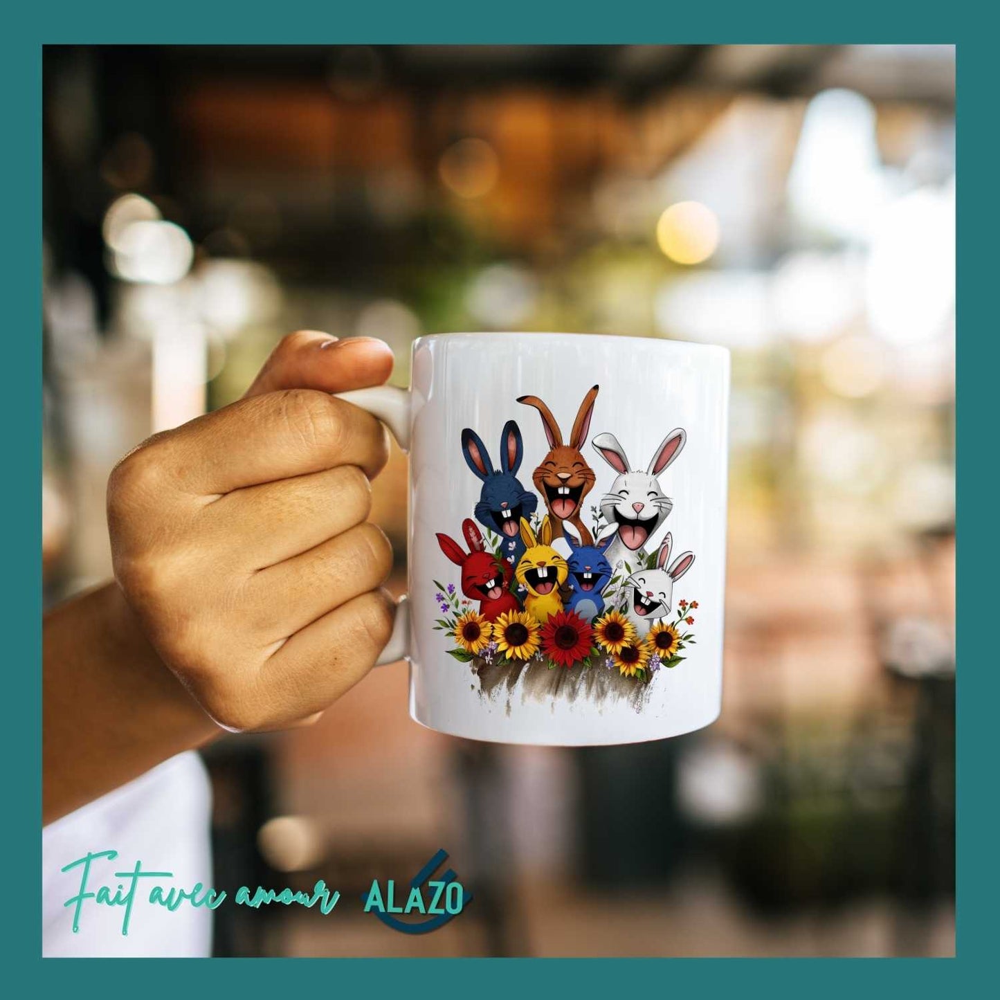 Mug Lapins Rigolos & Fleurs – Design Coloré et Joyeux