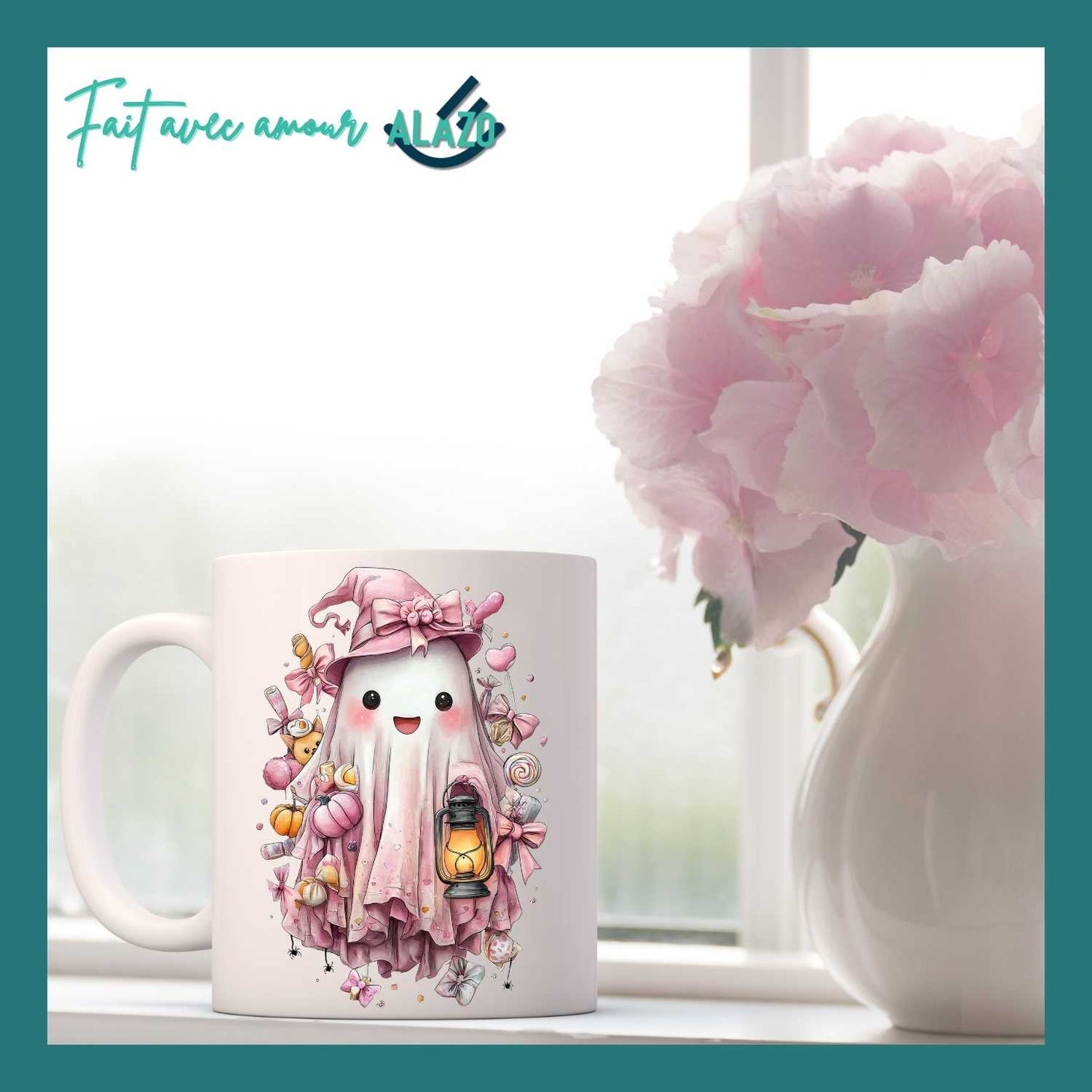 Mug Fantôme Pastel avec Citrouilles – Spécial Halloween