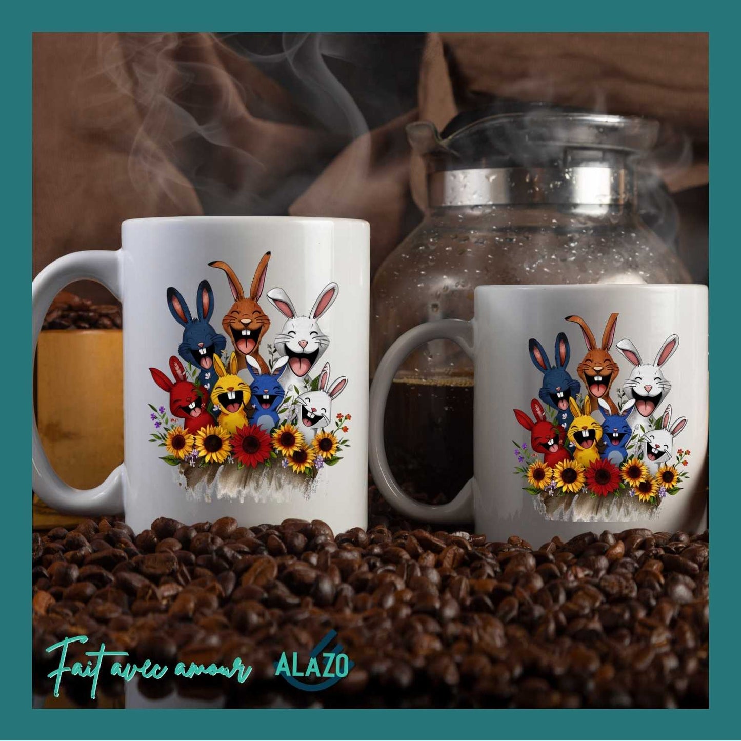 Mug Lapins Rigolos & Fleurs – Design Coloré et Joyeux