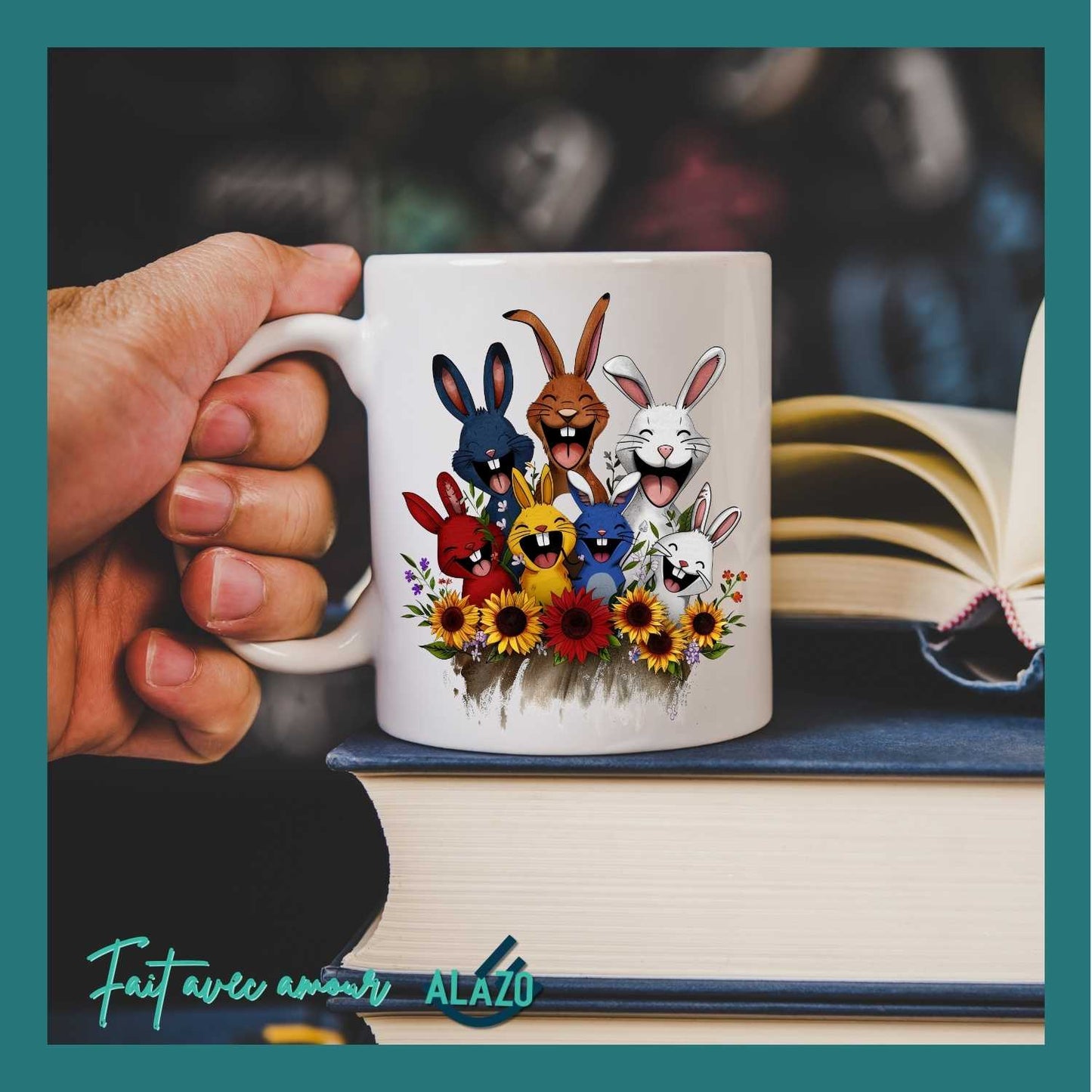 Mug Lapins Rigolos & Fleurs – Design Coloré et Joyeux