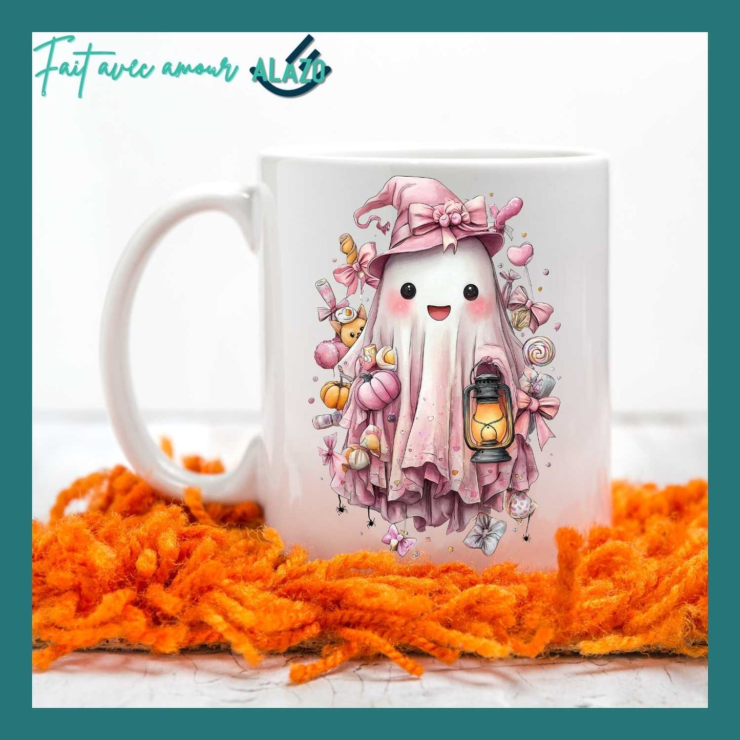 Mug Fantôme Pastel avec Citrouilles – Spécial Halloween