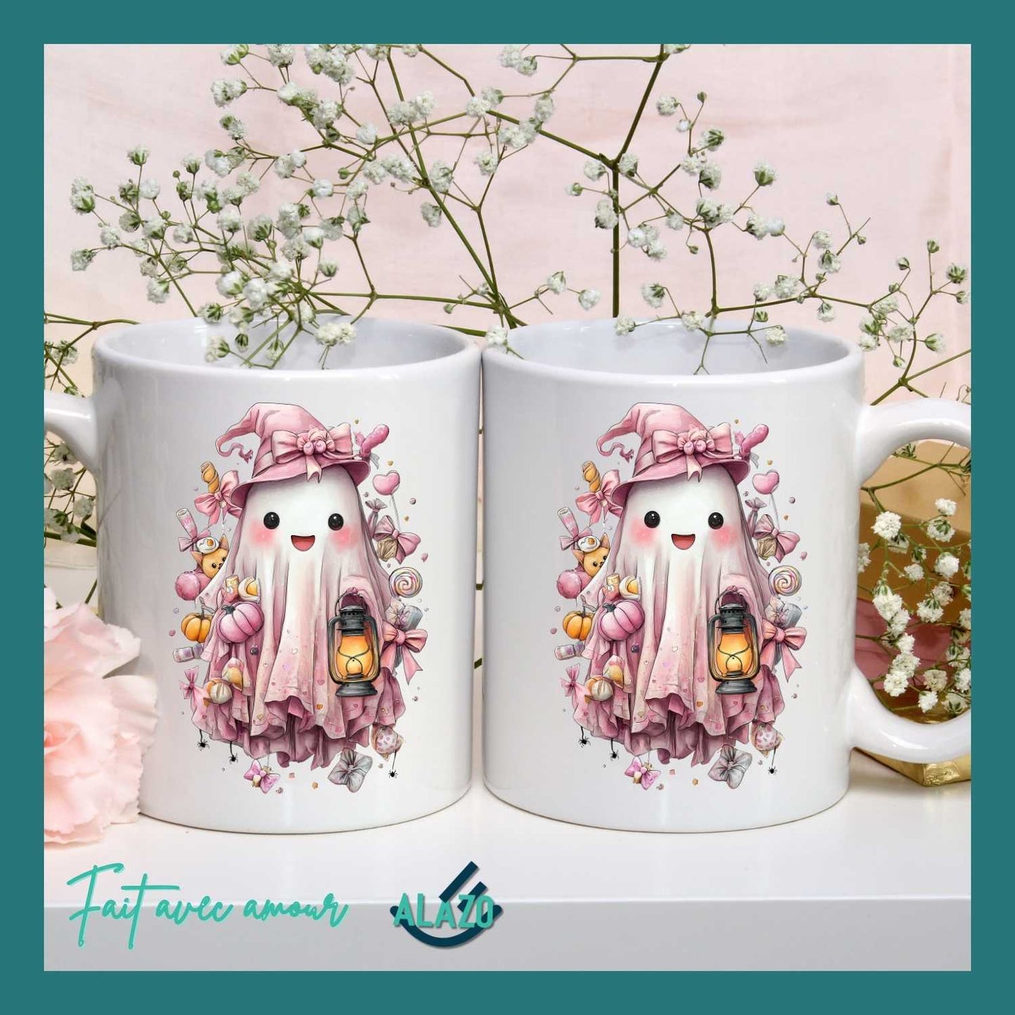 Mug Fantôme Pastel avec Citrouilles – Spécial Halloween