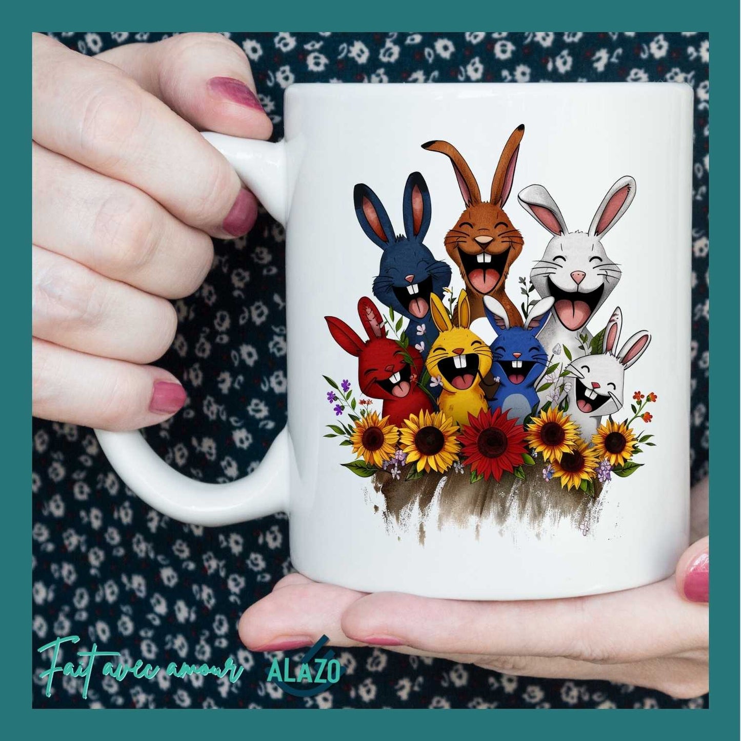 Mug Lapins Rigolos & Fleurs – Design Coloré et Joyeux