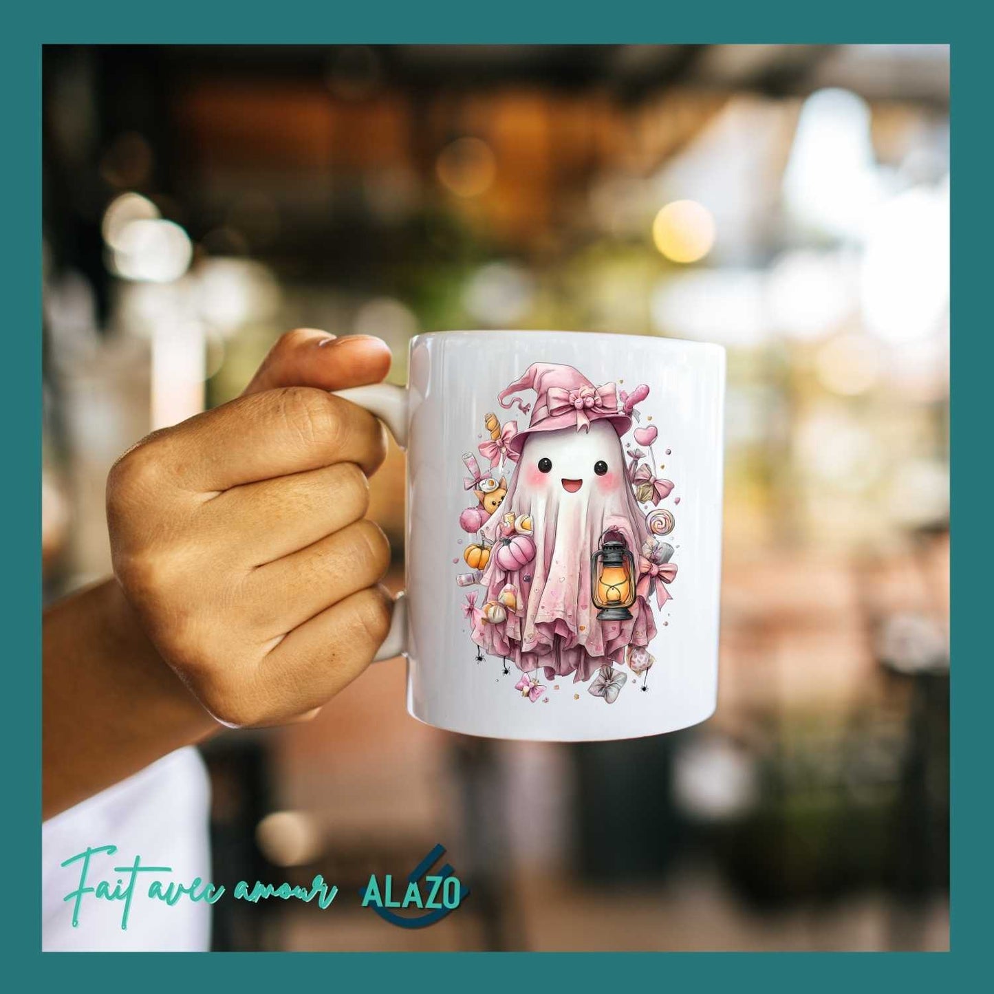 Mug Fantôme Pastel avec Citrouilles – Spécial Halloween