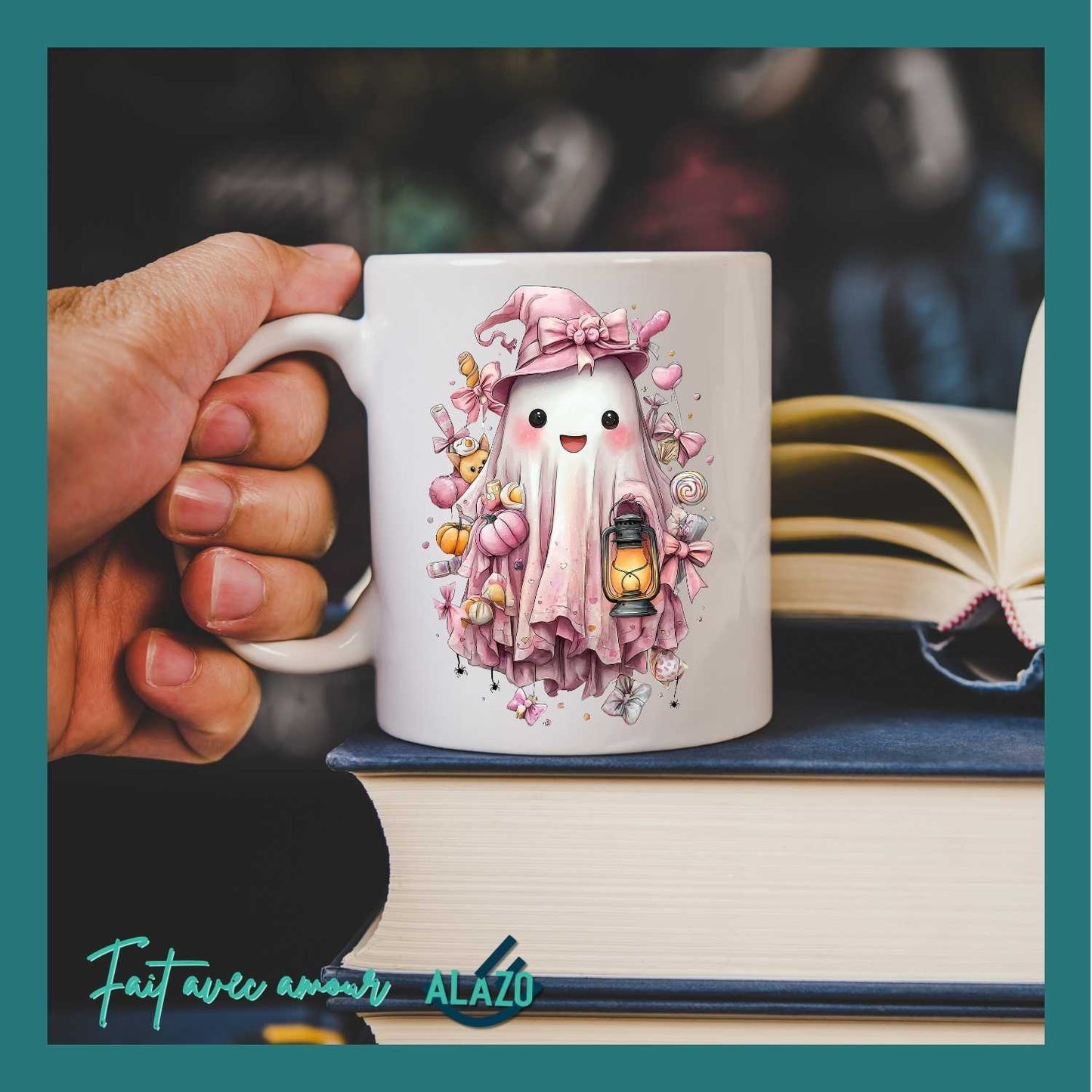 Mug Fantôme Pastel avec Citrouilles – Spécial Halloween