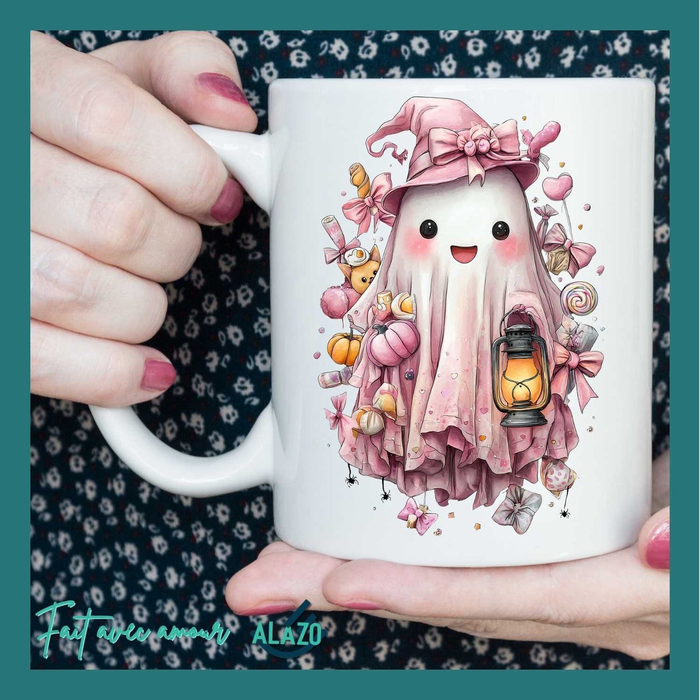 Mug Fantôme Pastel avec Citrouilles – Spécial Halloween