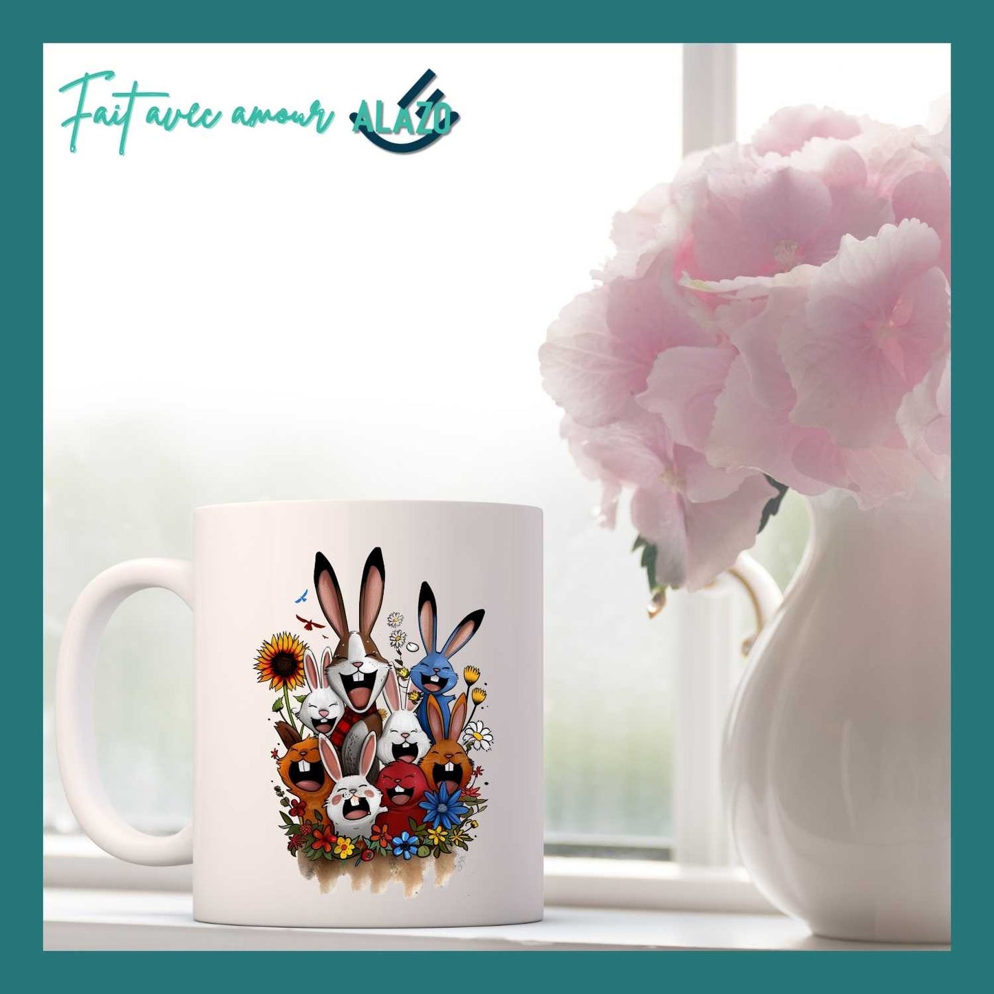 Mug Lapins Rigolos & Fleurs Colorées – Design Fun et Original