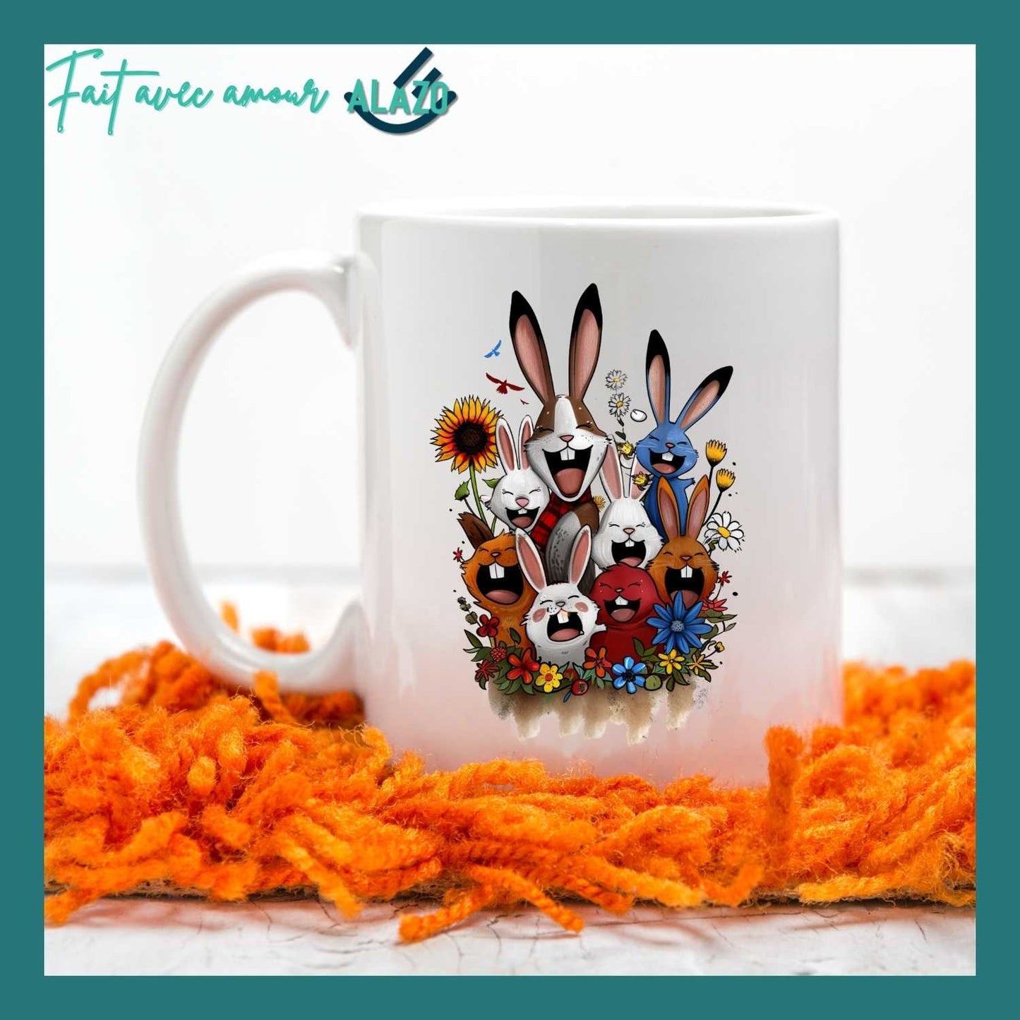 Mug Lapins Rigolos & Fleurs Colorées – Design Fun et Original
